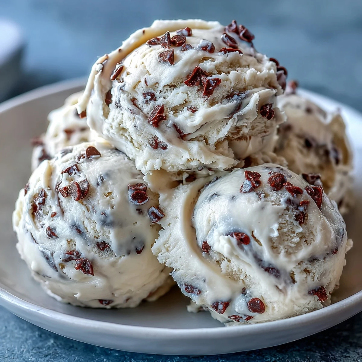 Close-up of scoops of Greek Yogurt Cookie Dough with mini chocolate chips on a chilled baking sheet.