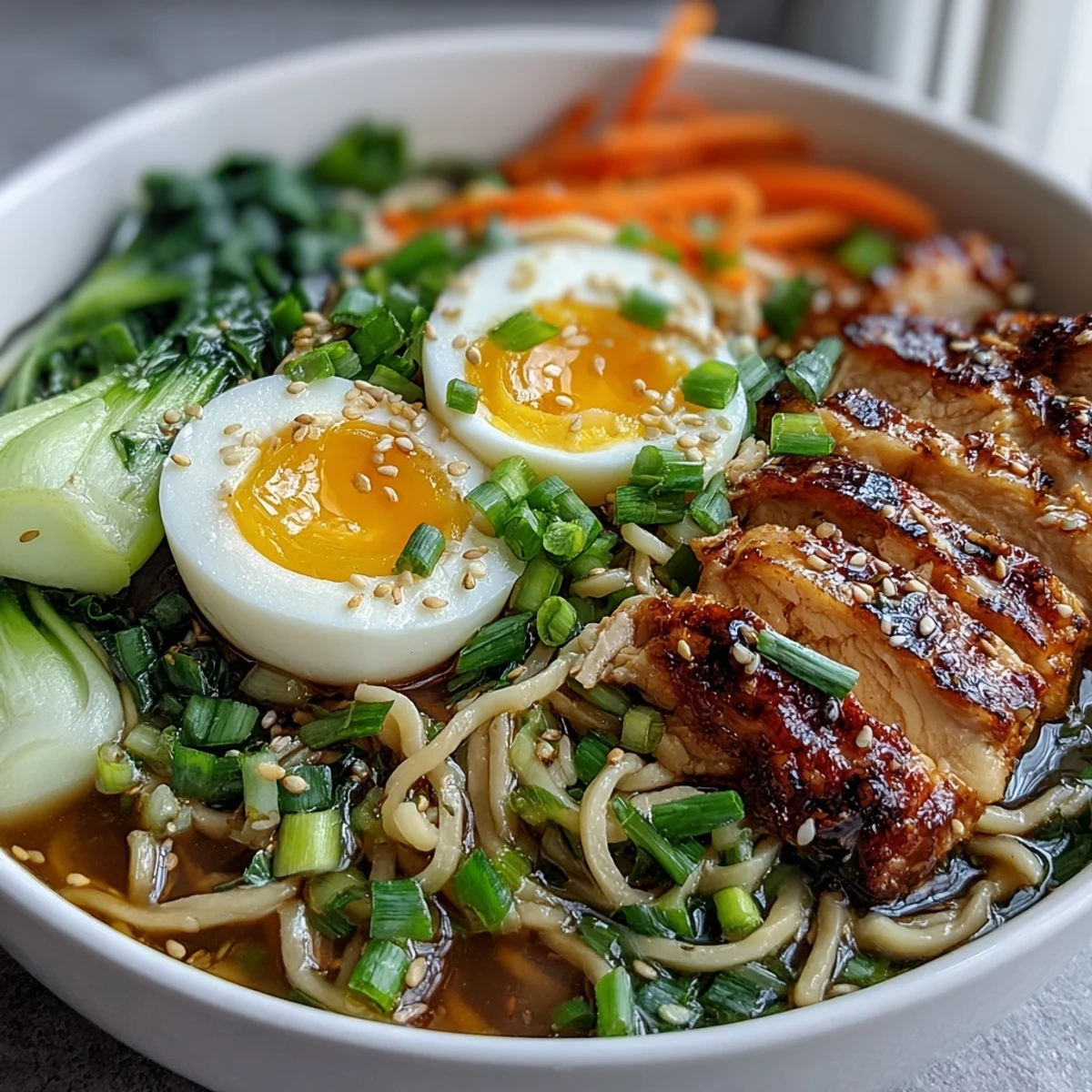 Hearty Healthy Miso Chicken Noodle Bowls topped with soft-boiled eggs, scallions, and chili oil in a savory broth.