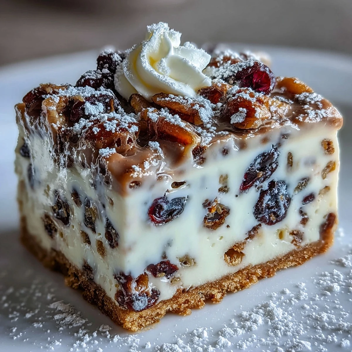 Slices of festive Christmas Cheesecake Slab arranged on a platter, ready for a holiday celebration with a knife nearby for serving.