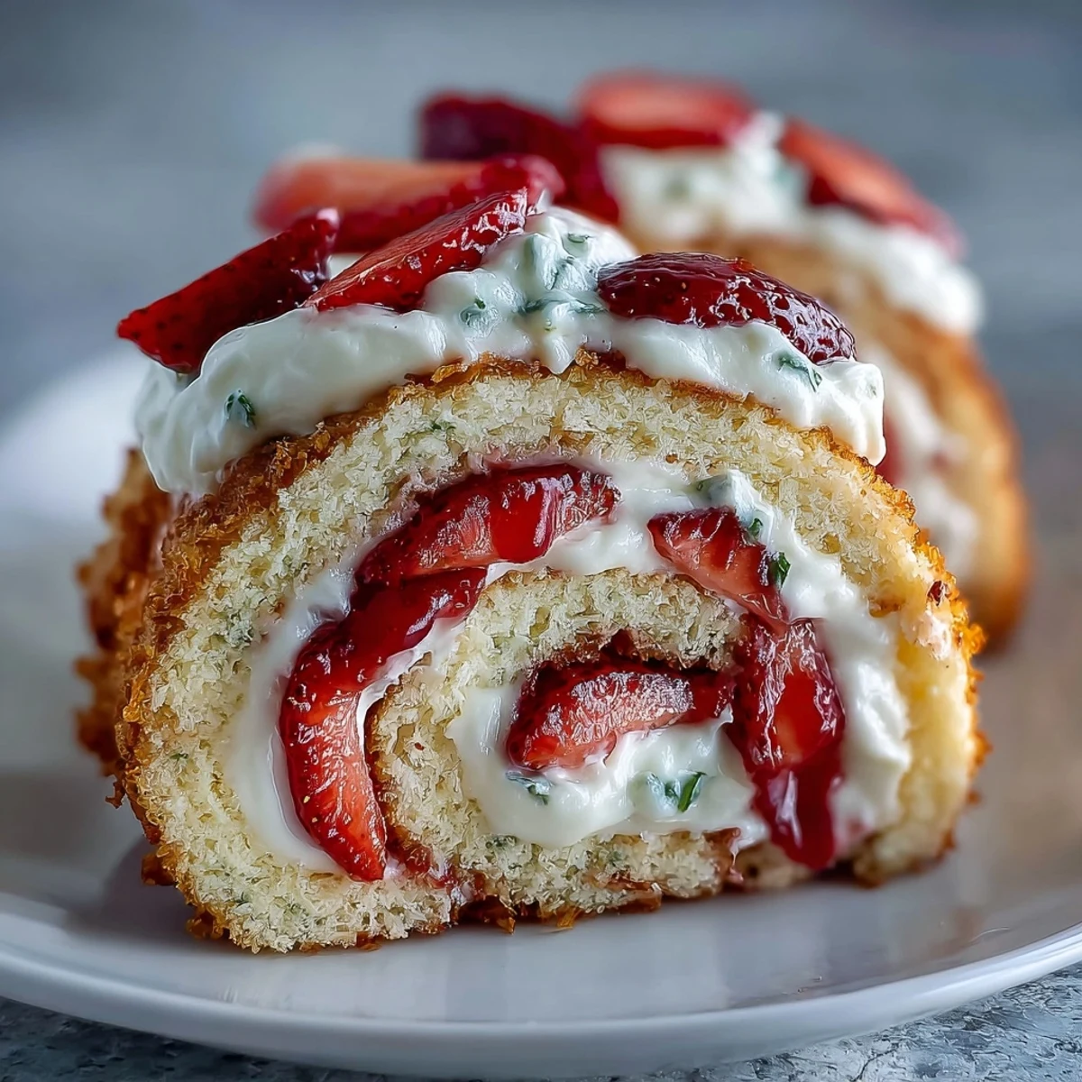 Cross-section of a Strawberry Shortcake Sushi Roll showing creamy whipped cream and sliced strawberries inside golden crepes.
