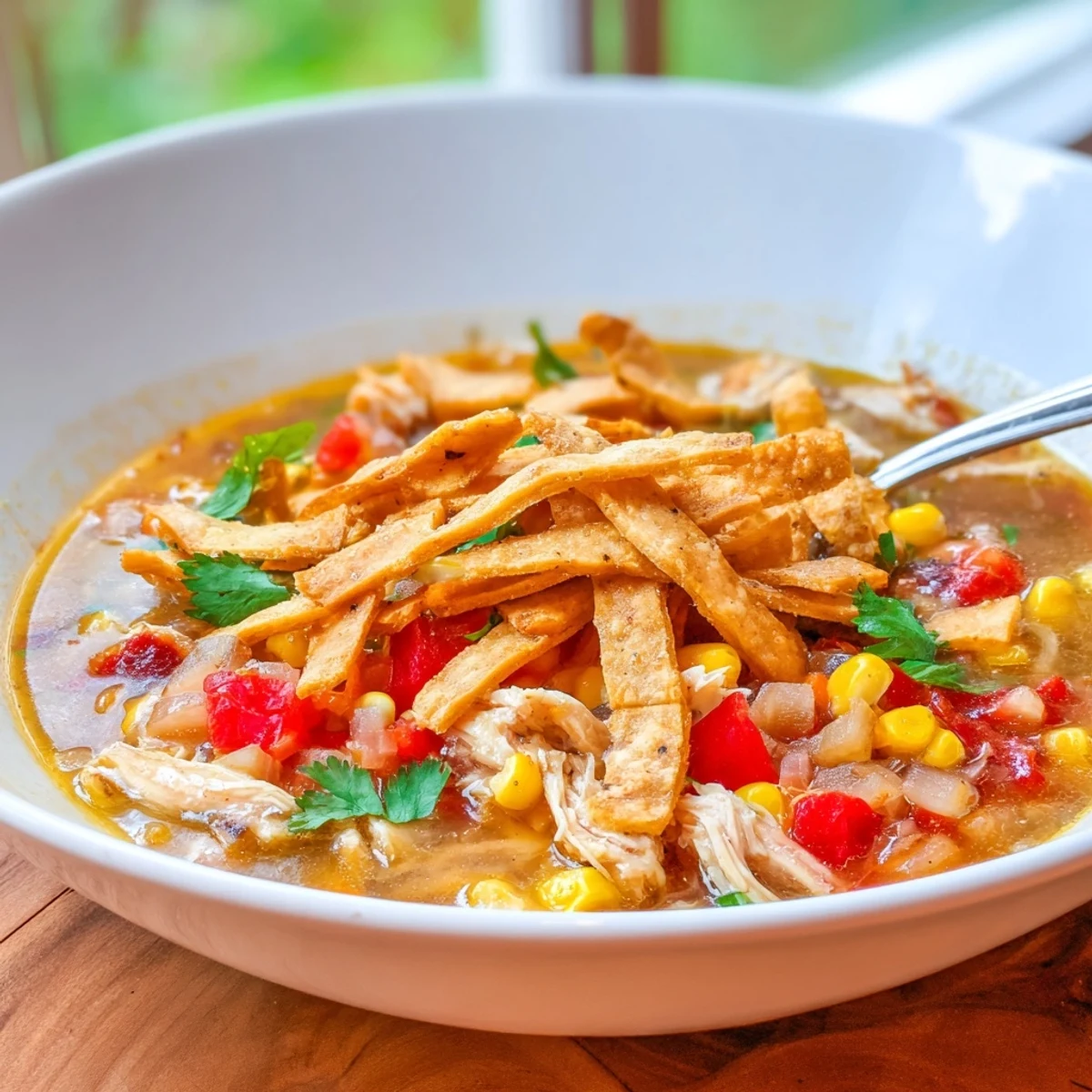 A steaming bowl of Best Chicken Tortilla Soup garnished with crispy strips, fresh cilantro, and creamy avocado slices.