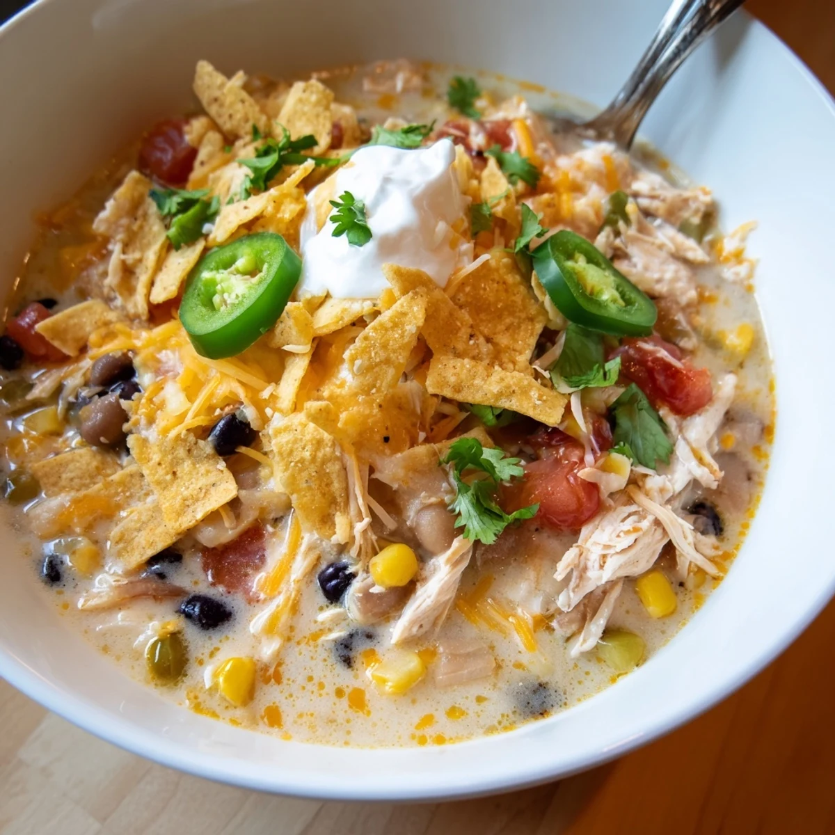 A steaming bowl of Easy Chicken Tortilla Soup topped with shredded cheddar, fresh cilantro, and crispy tortilla strips.  
