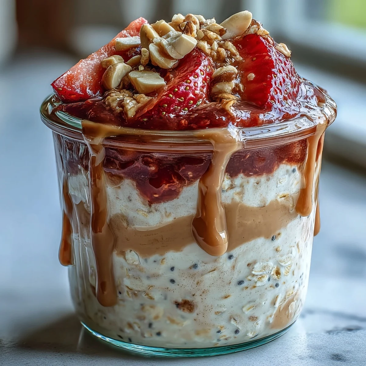 A clear view of High-Protein Peanut Butter & Jelly Overnight Oats topped with sliced strawberries and a rich peanut butter drizzle.