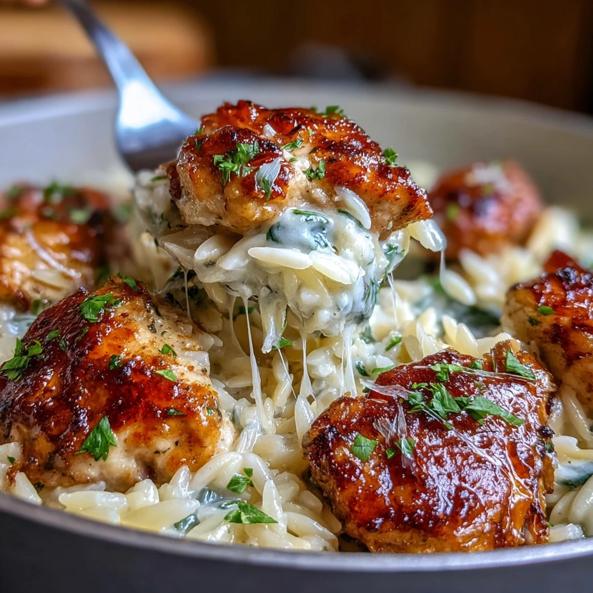 Juicy chicken and tender orzo with garlic-Parmesan cream sauce, served steaming from the skillet for weeknight comfort.