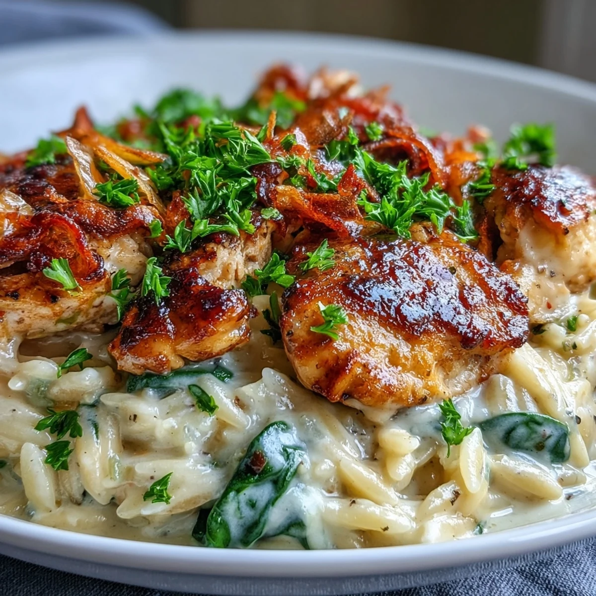 Skillet meal of creamy One-Pot Garlic Parmesan Chicken Orzo, with spinach and a side salad for dinner.