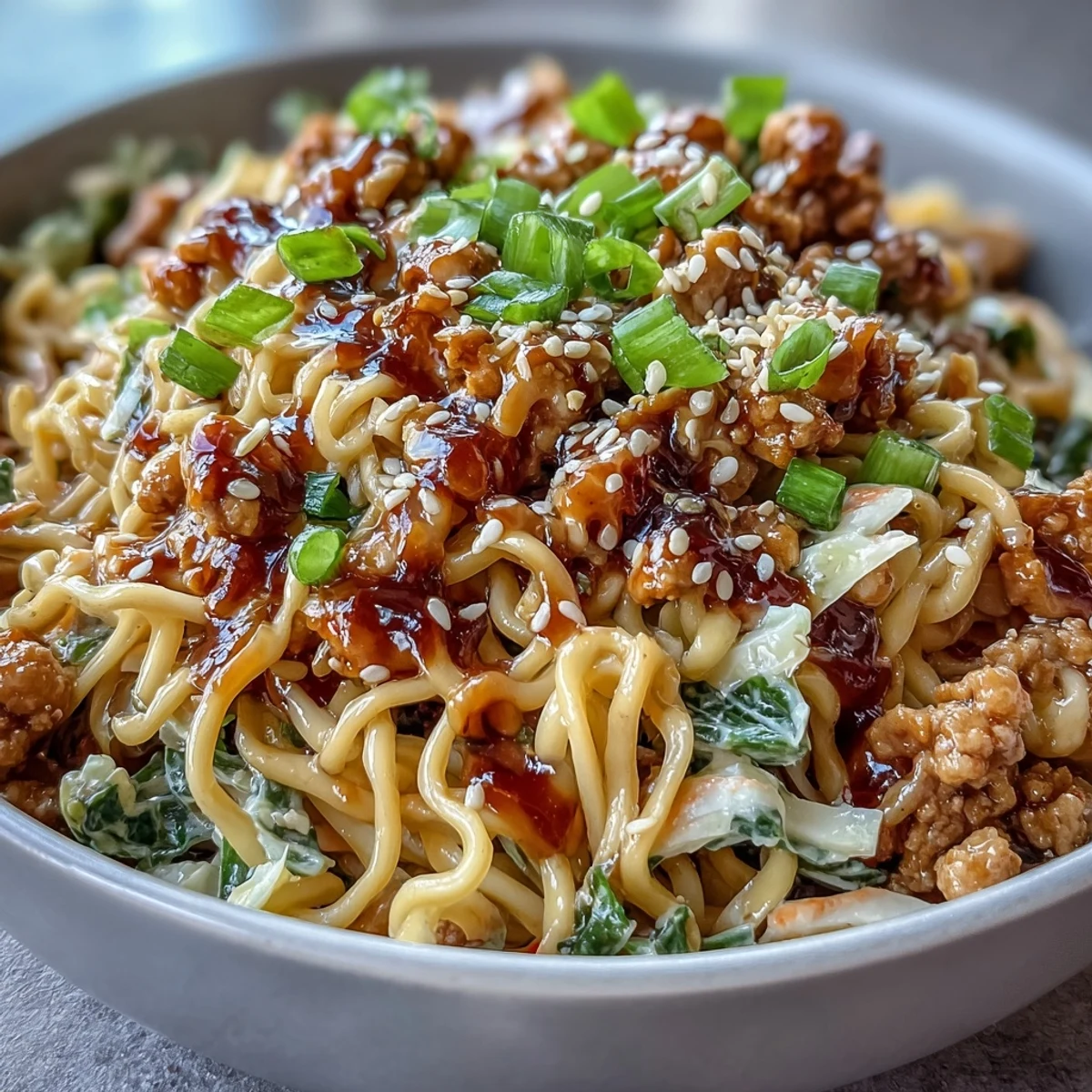 Quick Creamy Potsticker Noodle Stir-Fry twirled on a fork, showcasing saucy ramen noodles, sliced scallions, and a sprinkle of sesame seeds over a dinner plate.