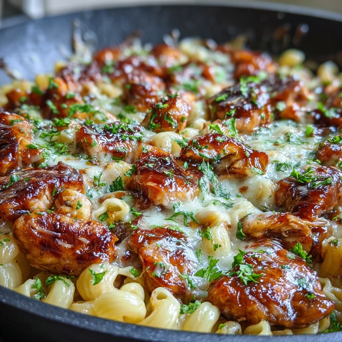 Delicious Sticky Honey BBQ Chicken Pasta Skillet garnished with fresh scallions and parsley, serving four as an easy weeknight family meal.