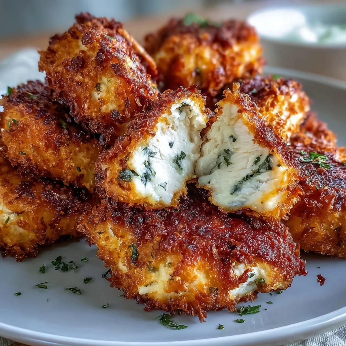 Crispy baked Asiago Panko Chicken Bites ready to be dipped in marinara sauce for a snack.