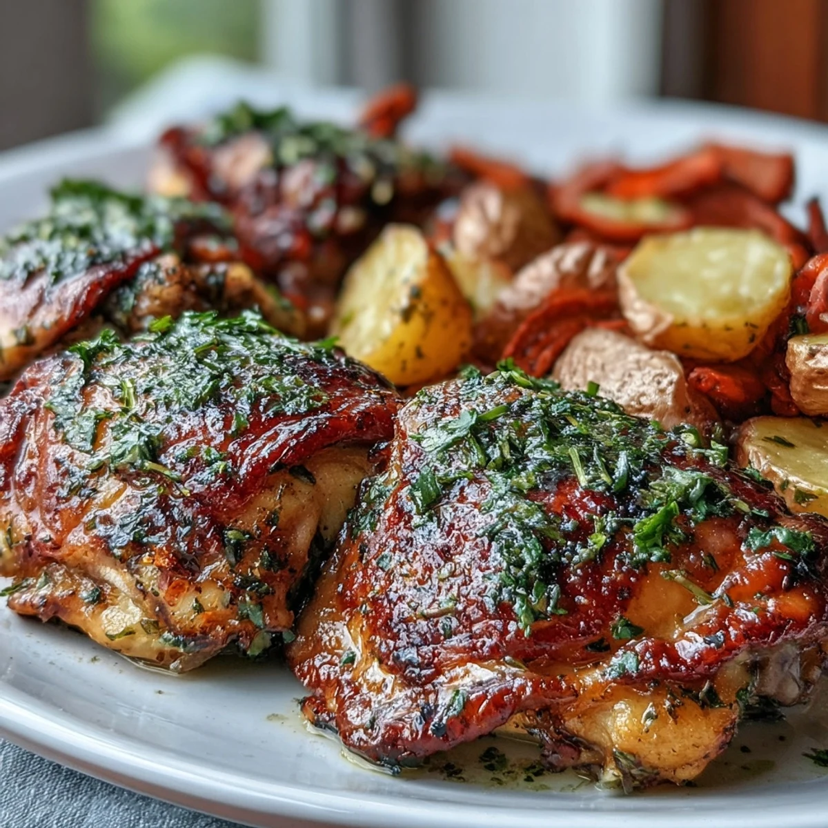 Golden brown, crispy chicken thighs and roasted vegetables on a sheet pan after baking.