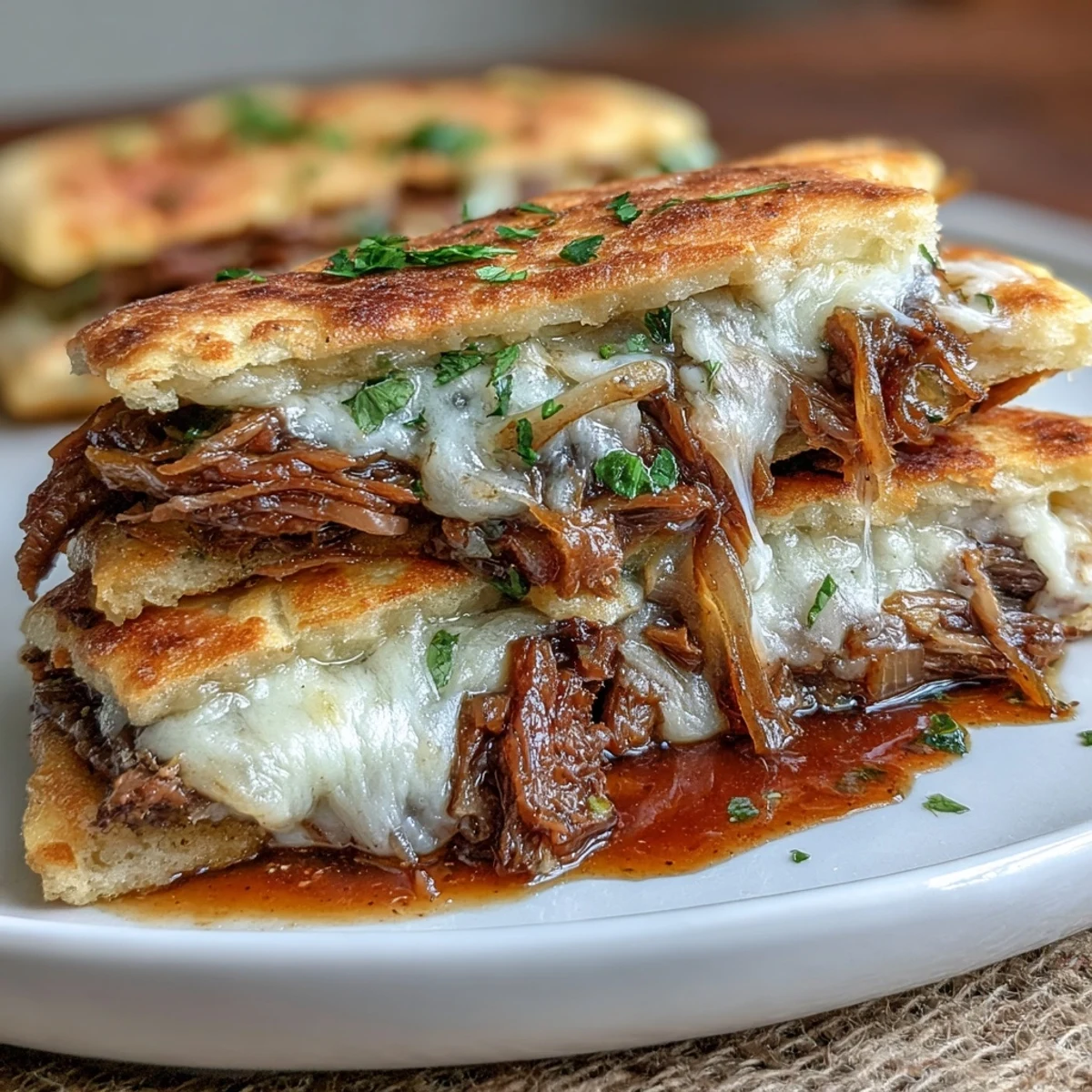 Fork-tender Slow Cooker Beef & Garlic Naan Melt with melty provolone and mozzarella, served with rich dipping jus and fresh parsley.