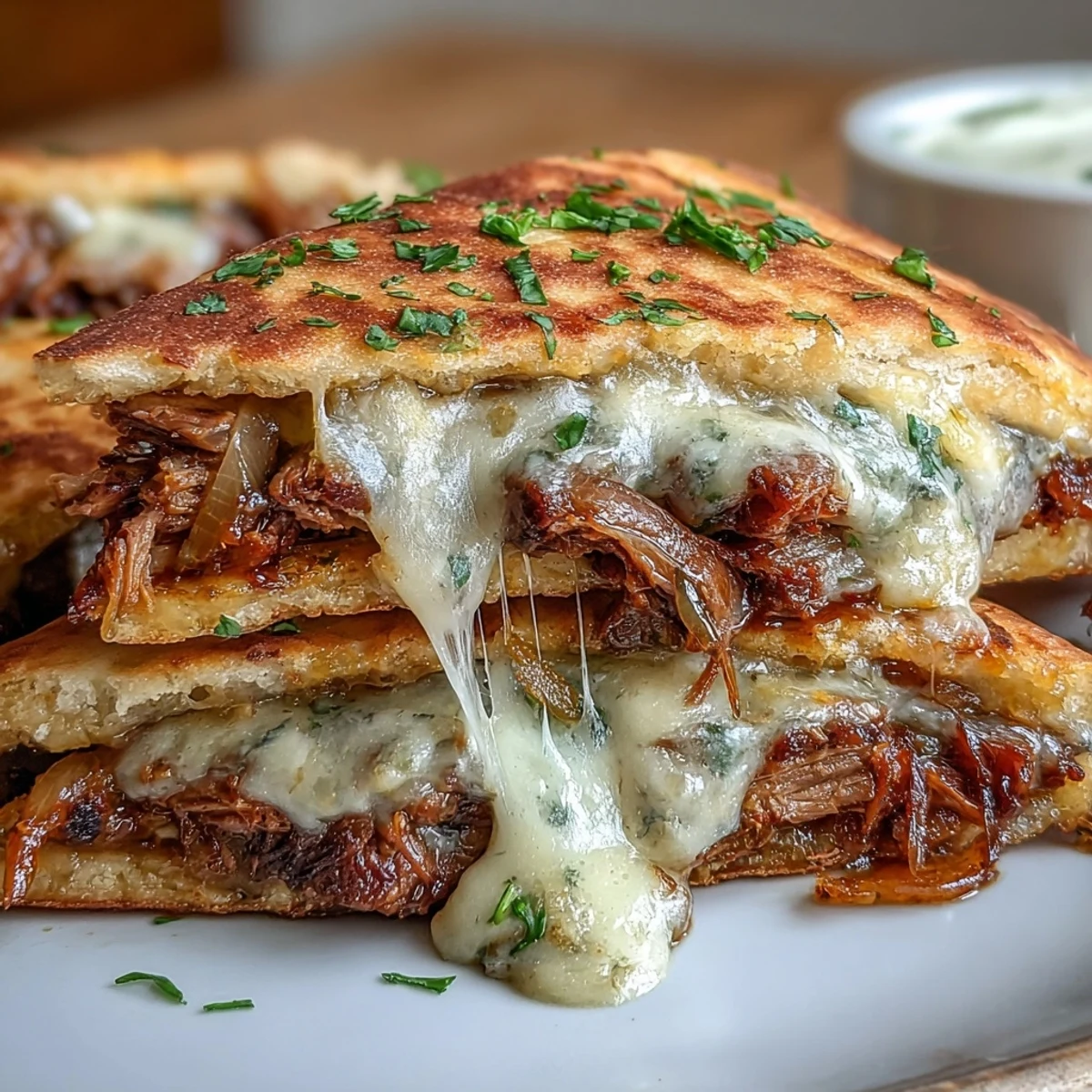 Golden-baked Slow Cooker Beef & Garlic Naan Melt featuring fluffy naan, bubbling cheese, and a side bowl of savory beef jus.
