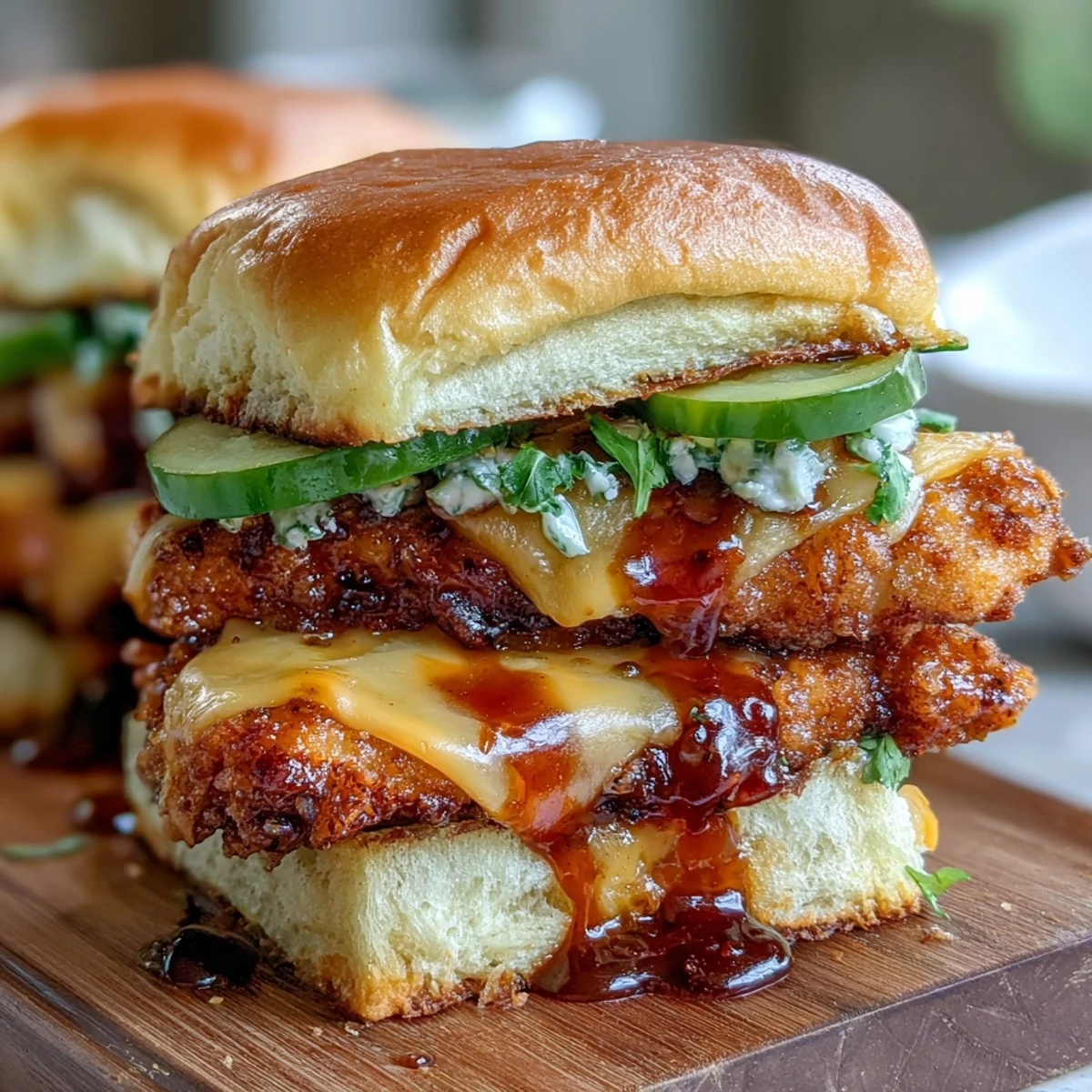 Golden-baked spicy chicken tenders tossed in hot honey butter, layered with sharp cheddar and dill pickles inside soft slider buns for a sweet and heat game day sandwich bake.