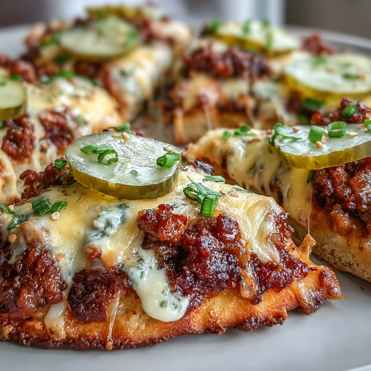 Golden, bubbling Cheeseburger Garlic Naan Pizzas fresh from the oven, featuring a rich cheddar cheese sauce over juicy beef and pickles on toasted garlic bread. This fun American fusion recipe is perfect for quick family dinners, ready in just 30 minutes.