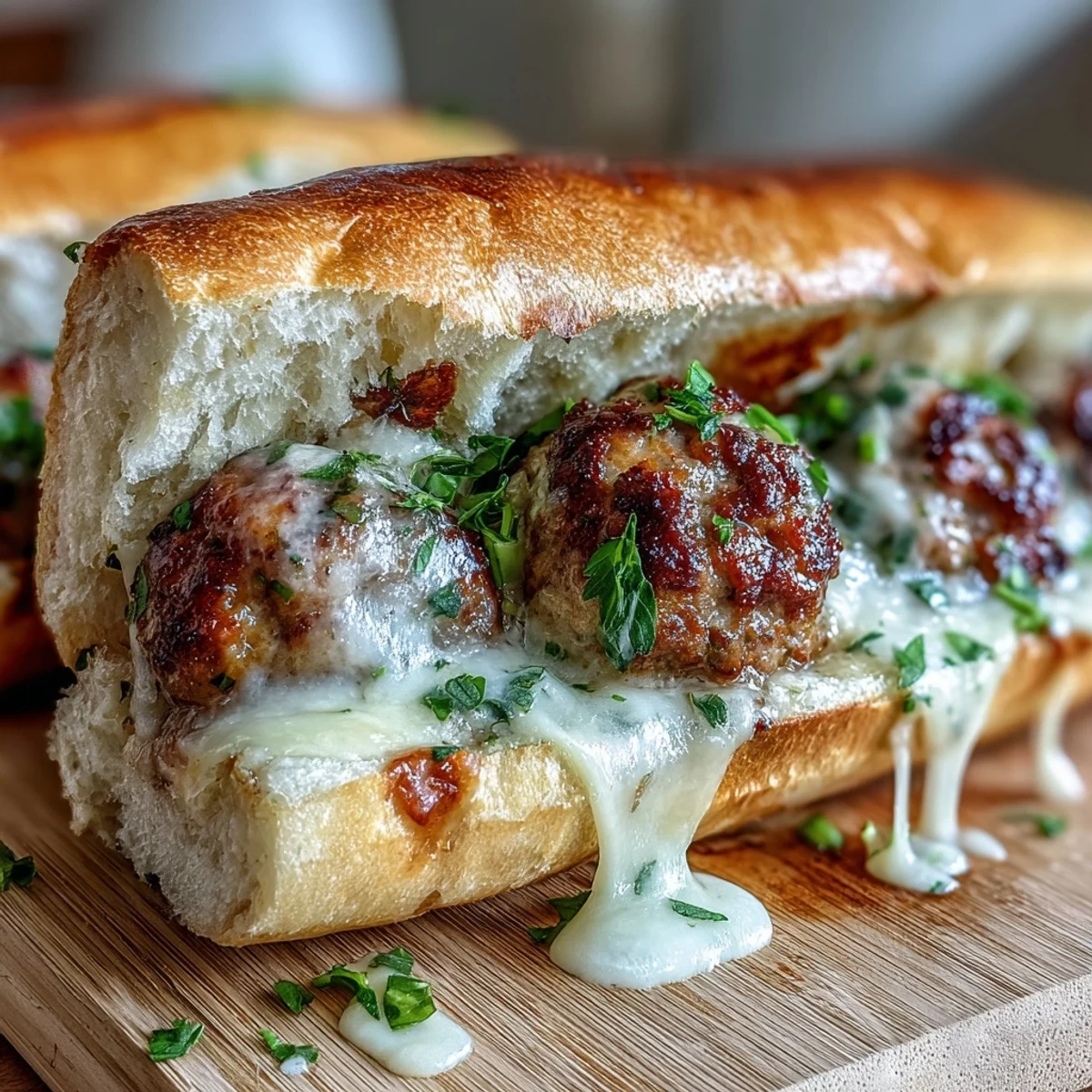 Melted mozzarella blankets juicy turkey meatball subs garnished with fresh parsley on a rustic board.