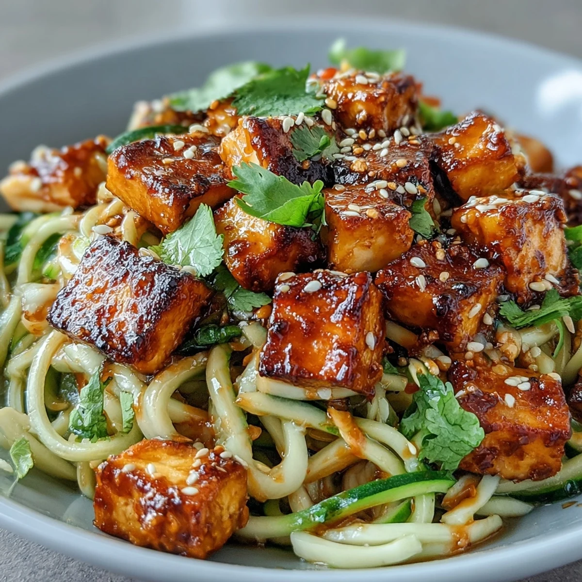 Freshly tossed TikTok-Style Chili Crisp Cucumber Noodle Bowls featuring spiralized cucumbers and creamy dressing.