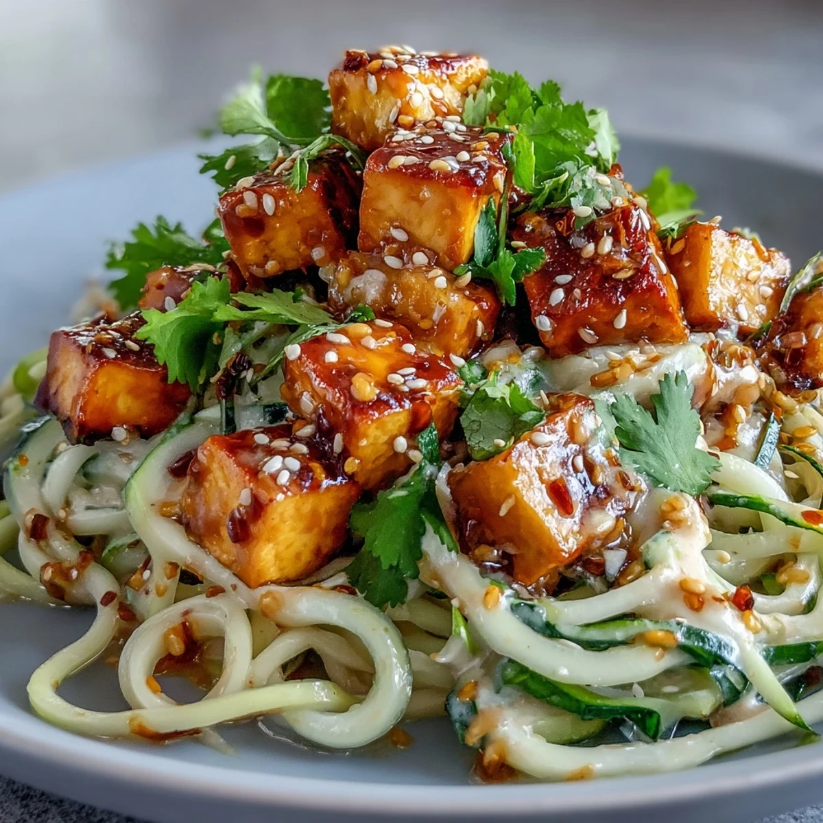 Served chilled, these TikTok-Style Chili Crisp Cucumber Noodle Bowls garnished with fresh cilantro and lime wedges.