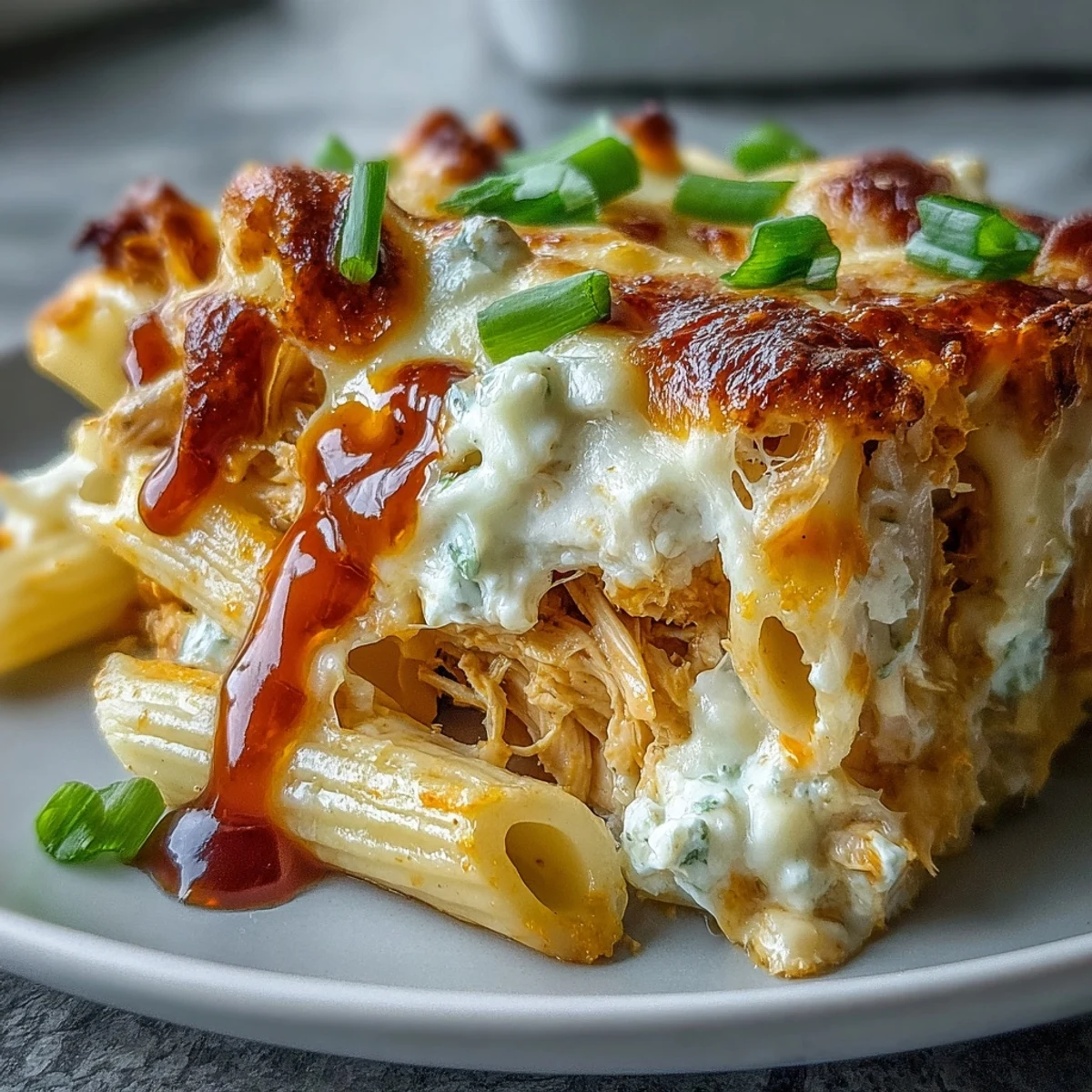 Tender chicken and rotini pasta tossed in a creamy Buffalo Ranch sauce, topped with melty mozzarella and cheddar cheese.