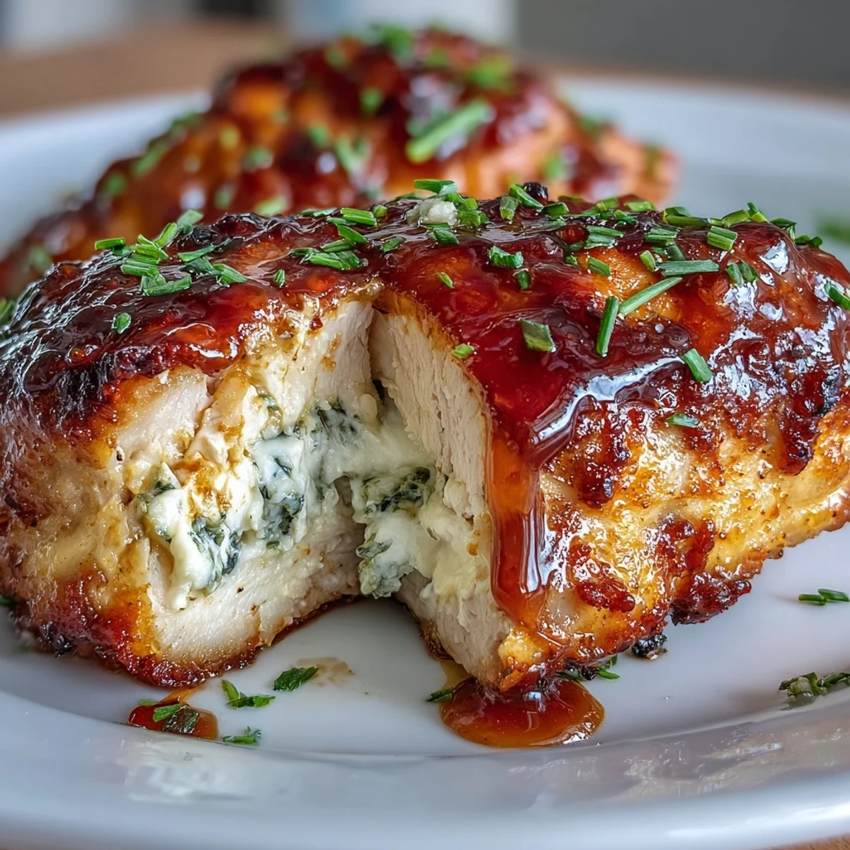 Golden-brown Hot Honey Ricotta Stuffed Chicken breasts resting on a white ceramic platter, with a sweet spicy glaze dripping from the fork-cut center.