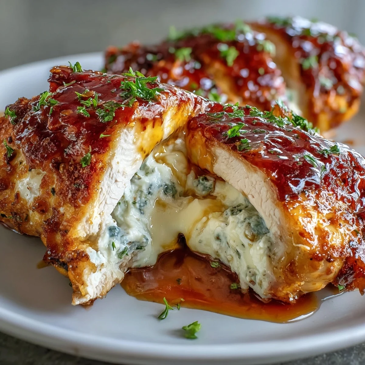 Baked Hot Honey Ricotta Stuffed Chicken served with roasted asparagus and mashed potatoes, steam rising from the cheesy, melty interior.