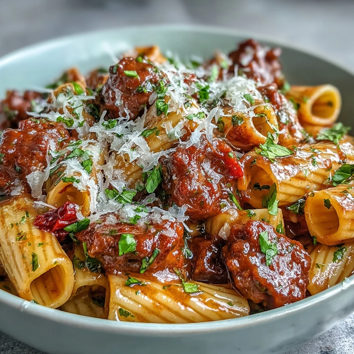 Creamy One-Pot Creamy Red Wine Sausage Pasta with penne and fresh basil garnish.