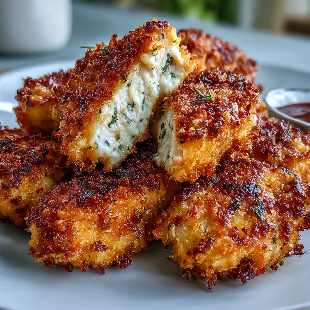 Golden brown Asiago Panko Chicken Bites fresh from the oven, served on a rustic wooden board.