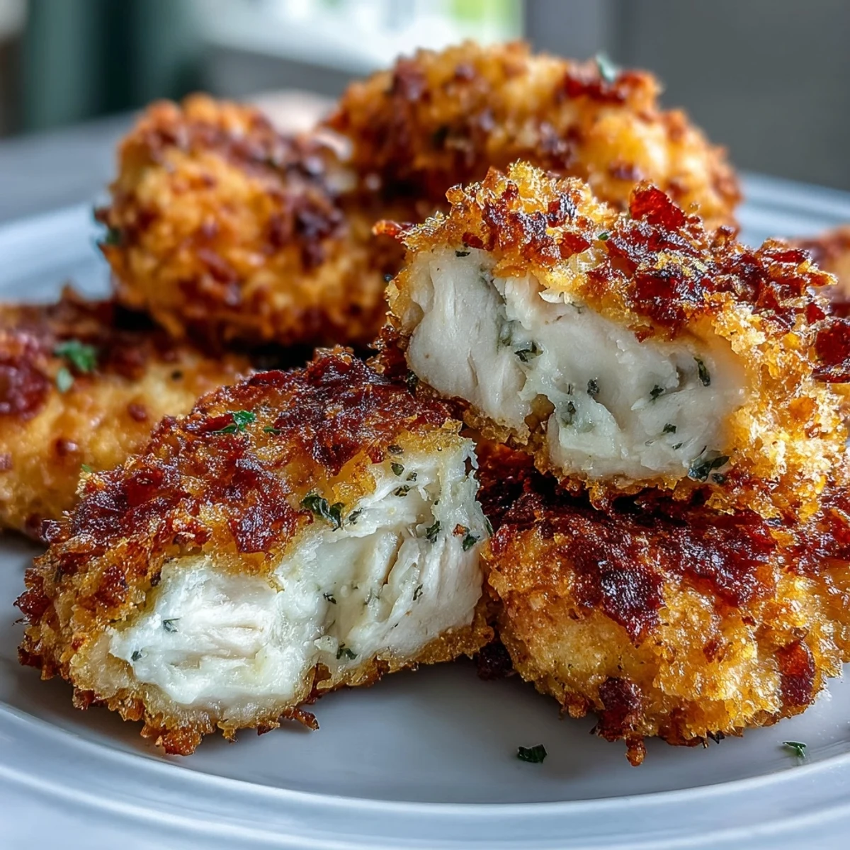 Crispy panko and Asiago coated chicken bites arranged on a platter with a side of marinara.