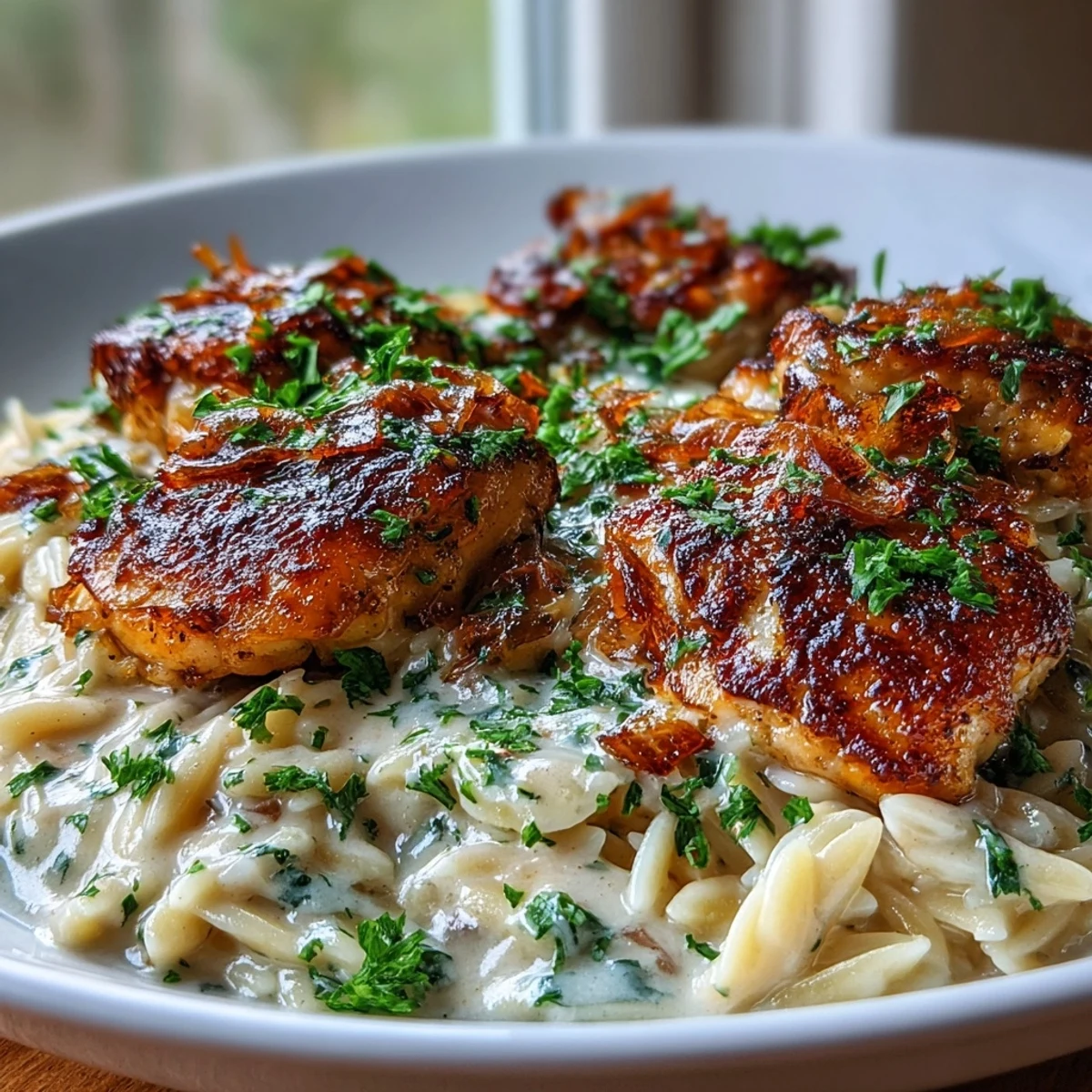 Golden seared chicken thighs and creamy orzo pasta in a rich garlic Parmesan sauce, garnished with fresh parsley in a skillet.