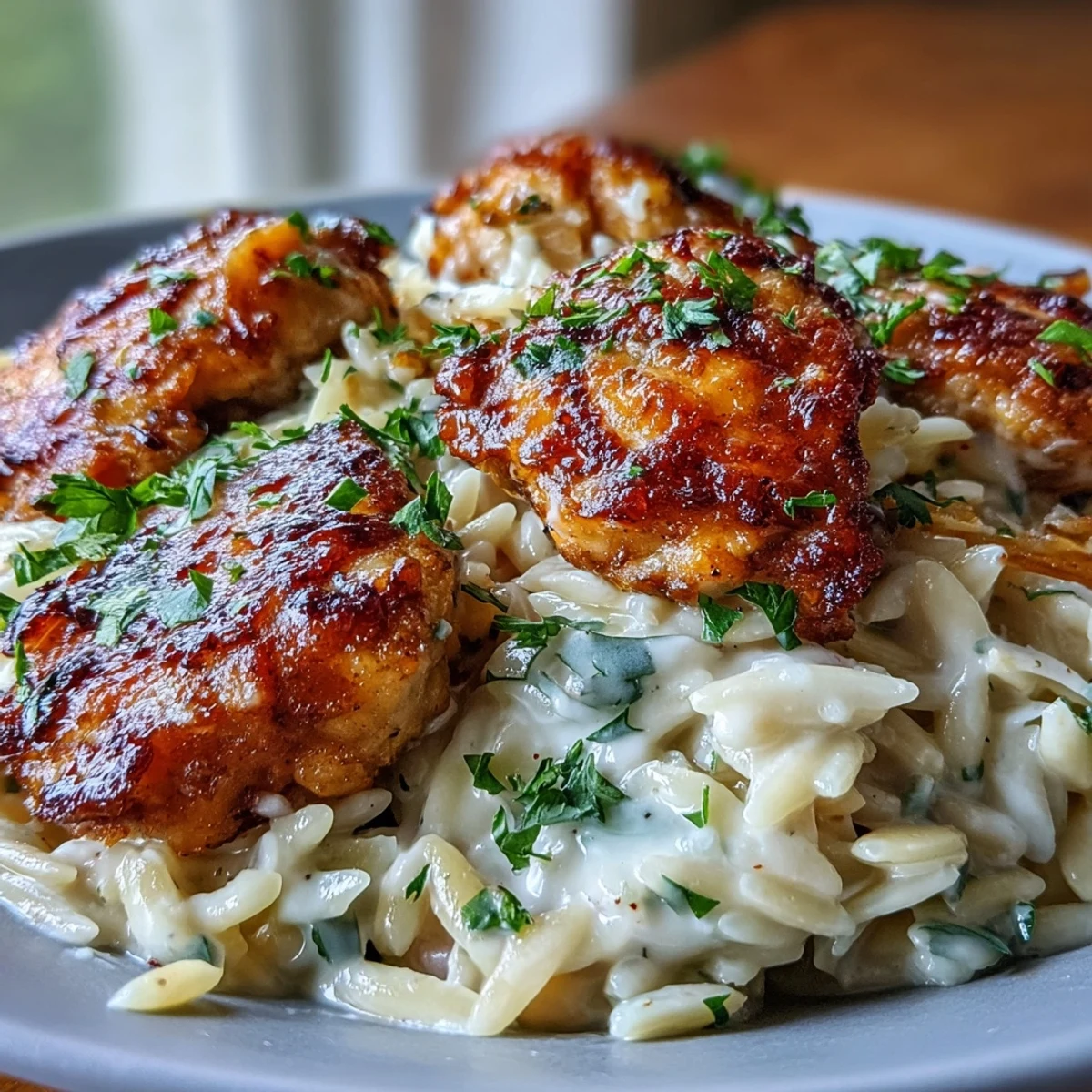 Tender pieces of chicken and al dente orzo tossed in a velvety garlic Parmesan cream sauce, ready to serve.