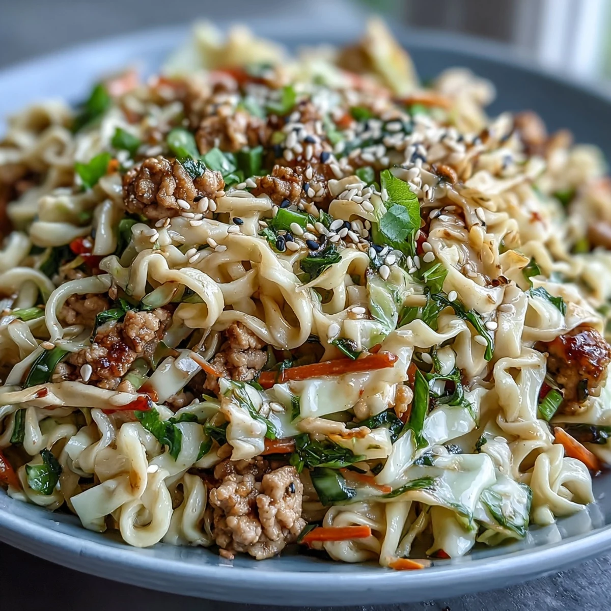 A steaming skillet of Creamy Potsticker Noodle Stir-Fry features tender ramen noodles, sautéed turkey, and shredded cabbage coated in a savory, peanut-infused sauce.