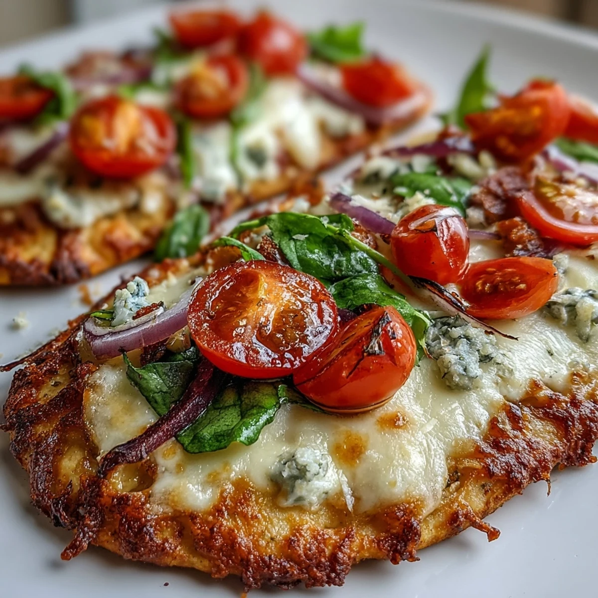 Close-up of Crispy Garlic Parmesan Naan Pizza with melted cheese, cherry tomatoes, and spinach.