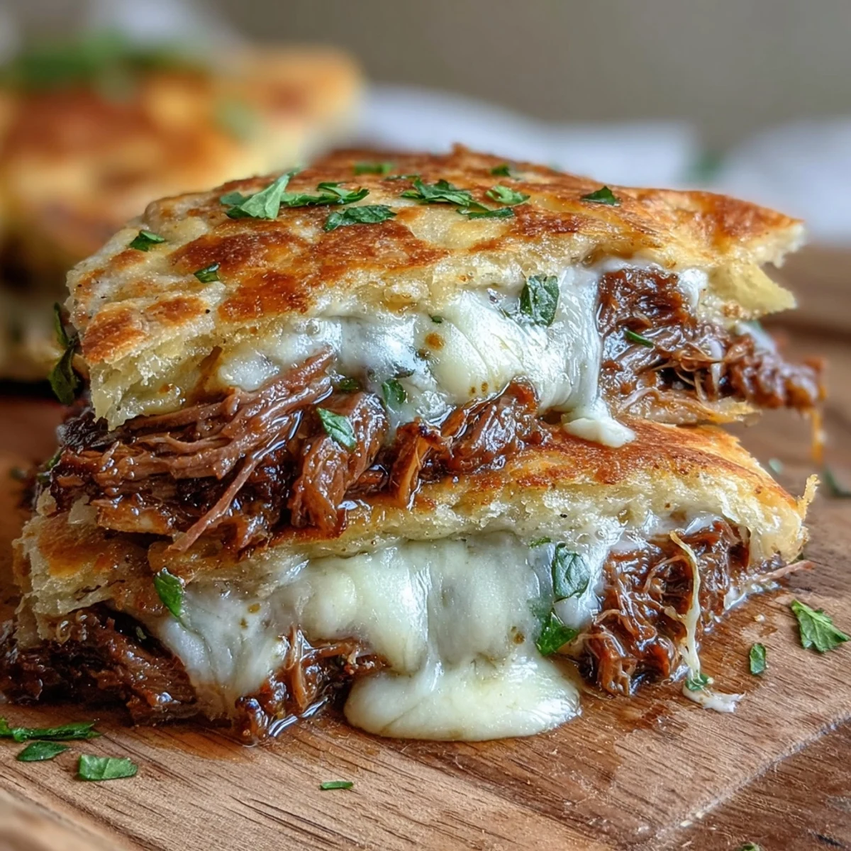 Garlic butter brushed naan sandwiches melted provolone and tender slow cooker beef, served warm for dipping into rich jus.