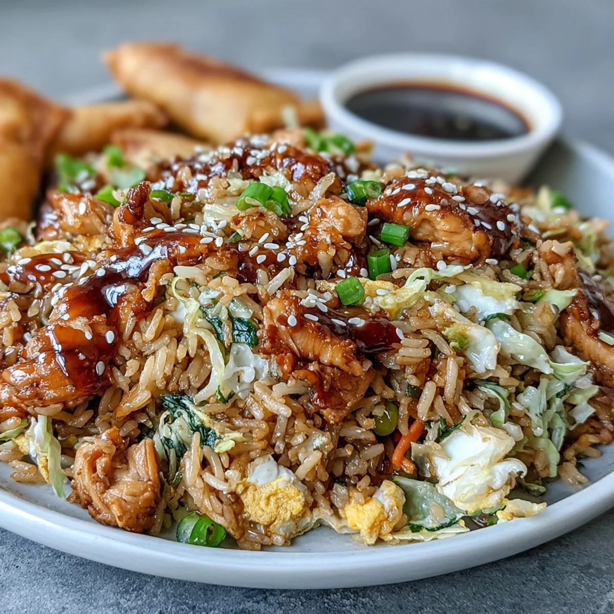 Plated Crispy Chicken Fried Rice topped with sesame seeds and fresh green onions, served alongside chopsticks for an Asian-inspired meal.