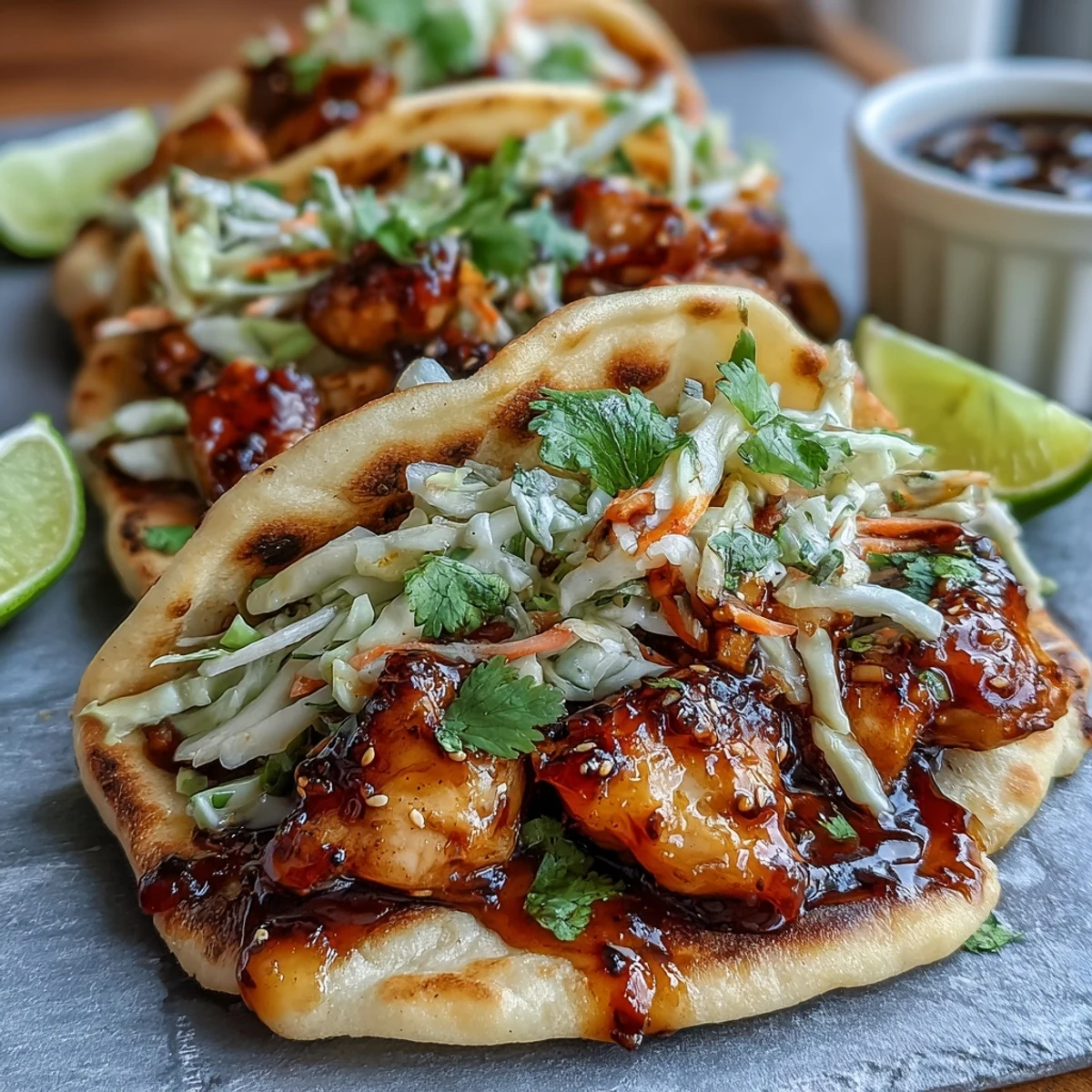 Golden, sticky honey-garlic chicken nestled in warm garlic naan tacos, topped with bright lime slaw.