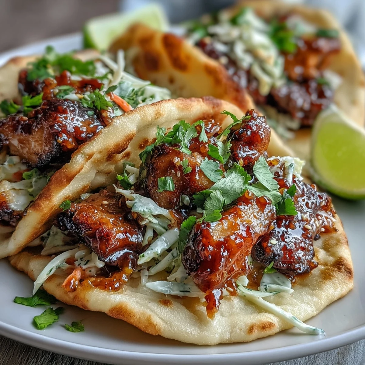 Tender chicken glazed in rich honey-garlic sauce piled into naan tacos, garnished with fresh cilantro.