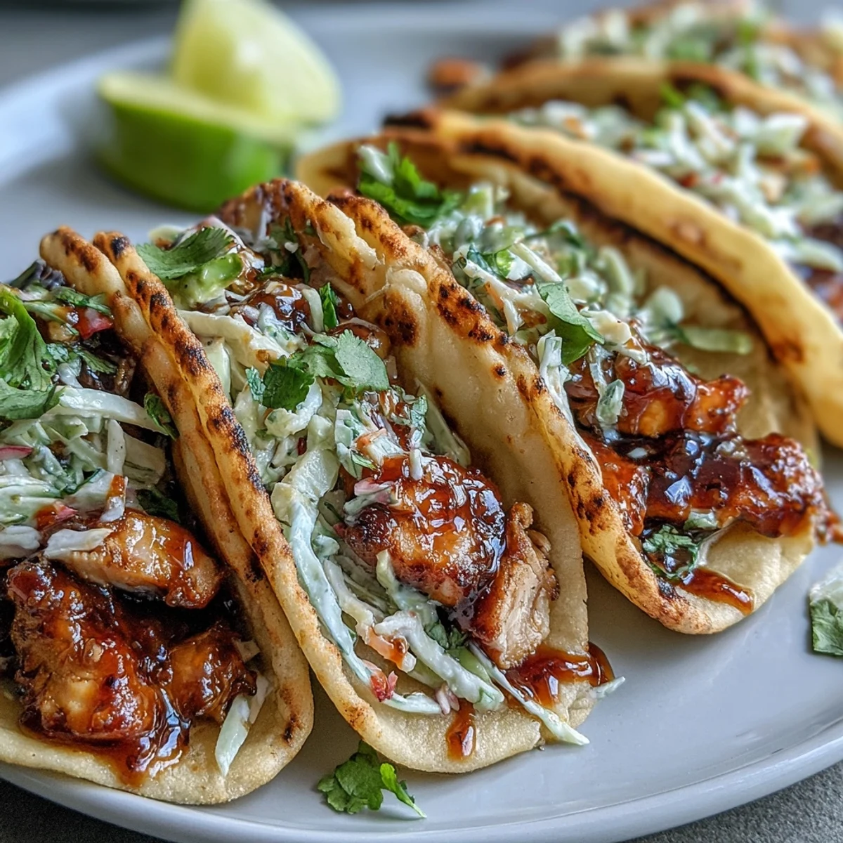 Assembled Honey Garlic Naan Chicken Tacos with fluffy naan, savory chicken, and crunchy slaw, ready to eat.