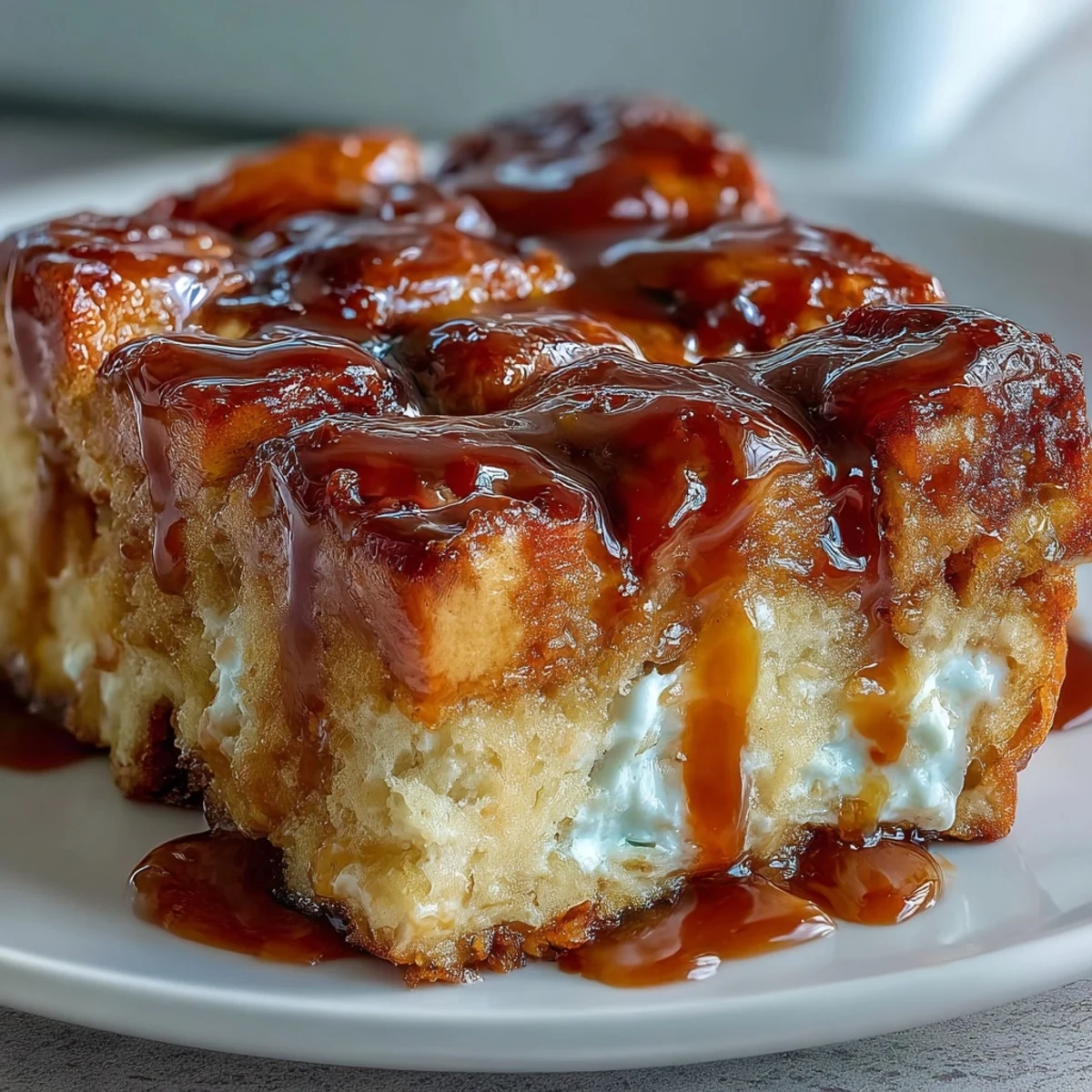 Rich Caramel Cream Cheese French Toast Casserole in a baking dish, gooey caramel drizzle and creamy filling visible in every slice.