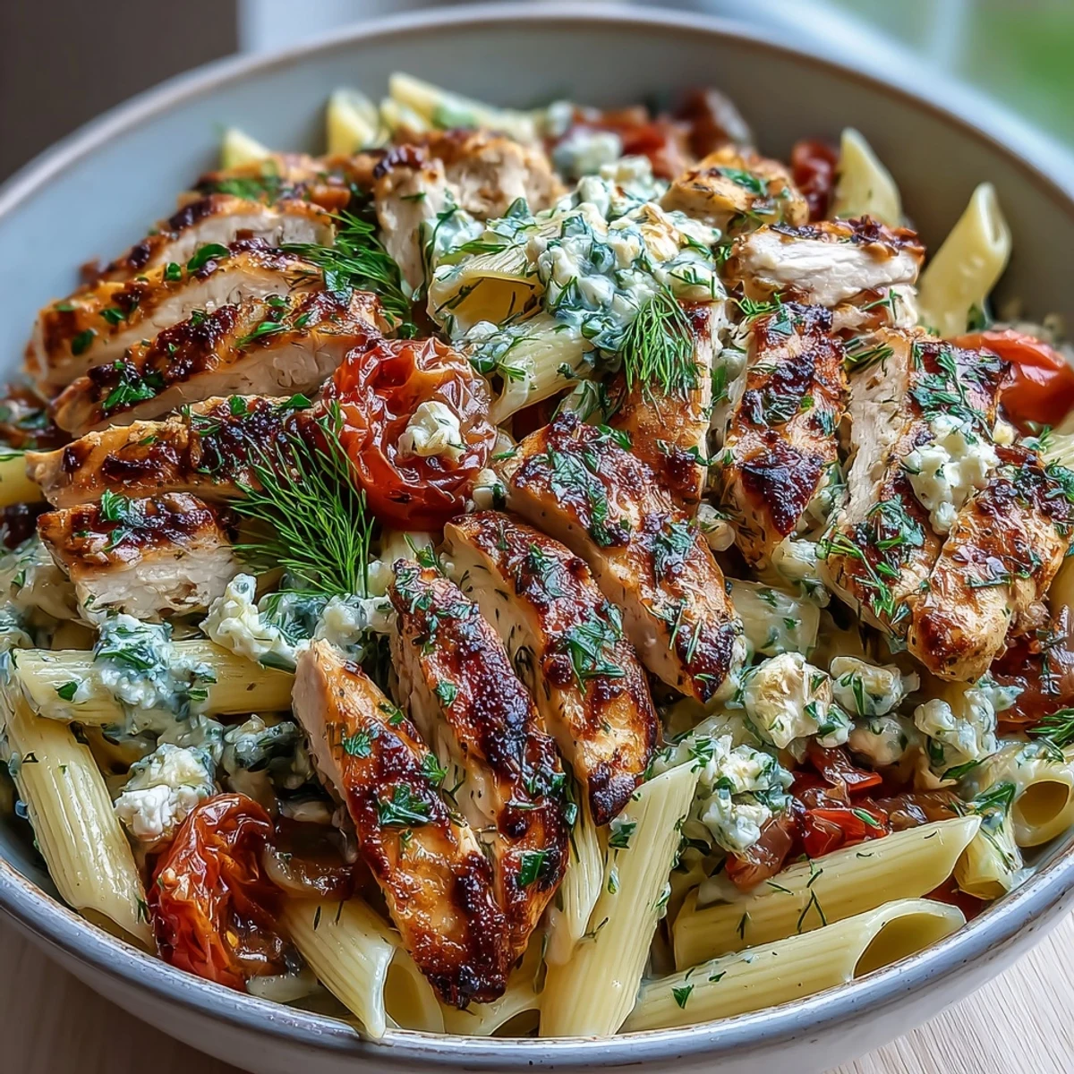 Sliced tender chicken and sweet roasted garlic mingle with al dente pasta, crumbled feta, and bright lemon zest in this Greek-inspired dinner.
