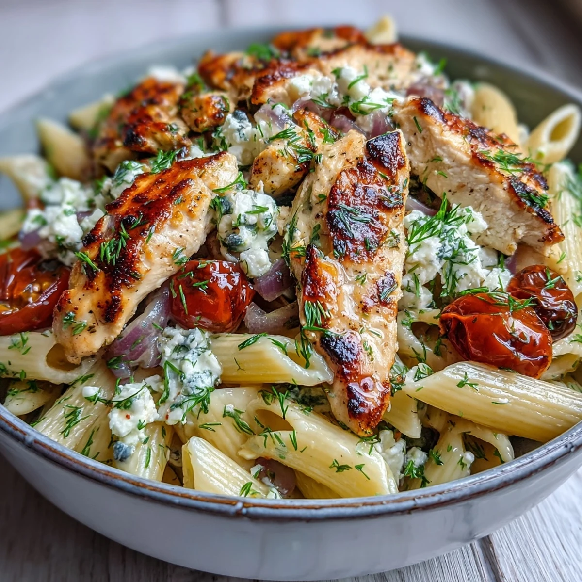 Roasted Garlic & Feta Chicken Pasta served warm in a skillet, garnished with fresh dill and parsley, paired with a glass of Assyrtiko.