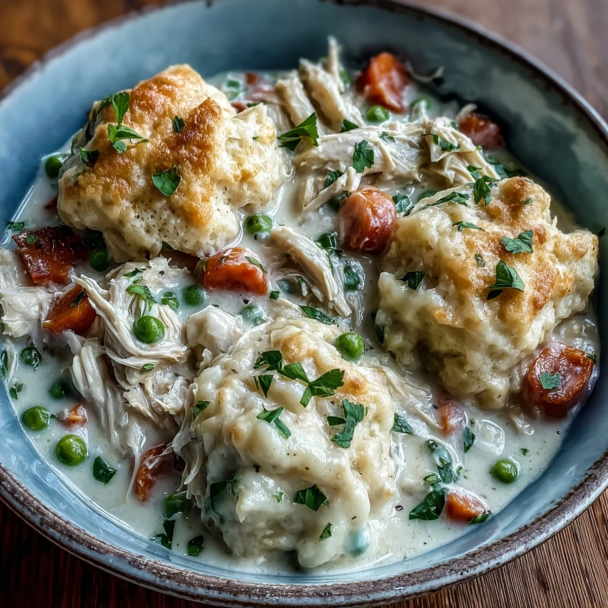 Creamy Slow Cooker Ranch Chicken & Dumplings simmering with tender shredded chicken, carrots, and peas under fluffy drop biscuits.