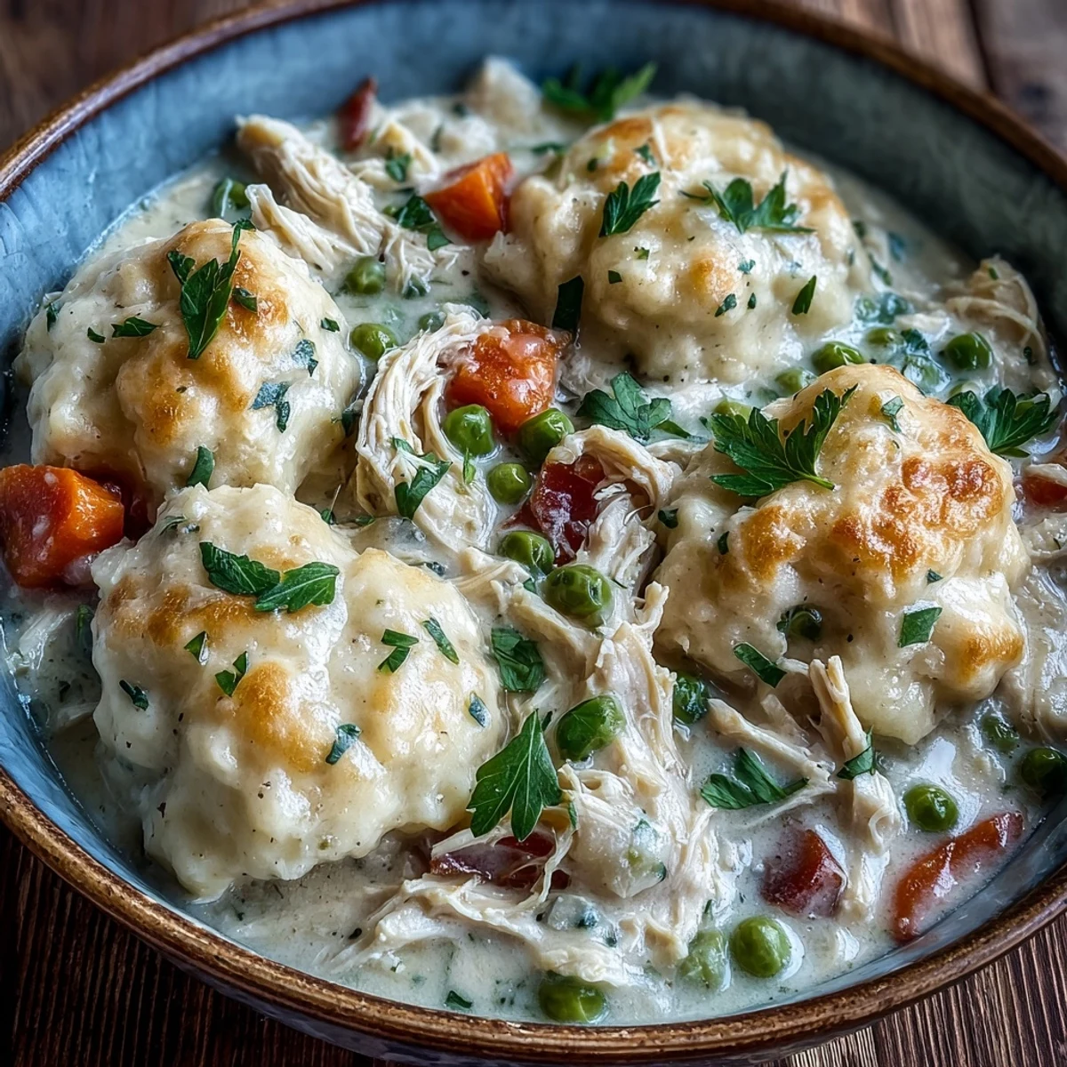 Family-style Slow Cooker Ranch Chicken & Dumplings featuring bubbly ranch gravy and golden biscuits, ready to serve from the slow cooker.