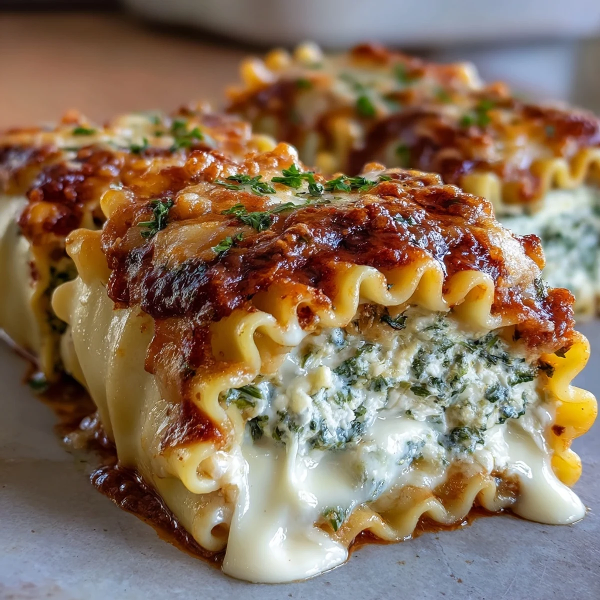 Freshly baked Garlic Butter Lasagna Roll-Ups in a white dish, golden and bubbling with mozzarella, served with fresh basil garnish.