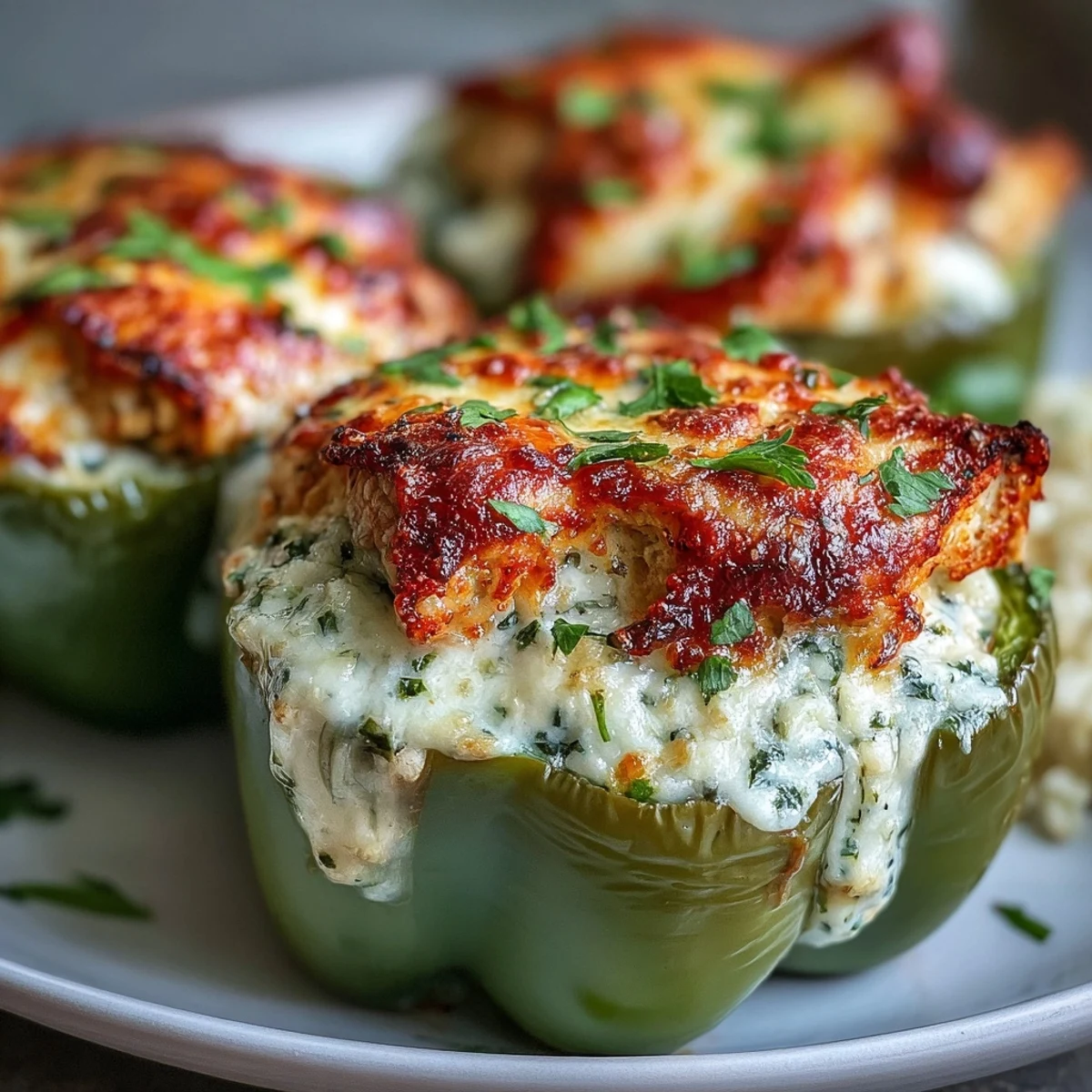 A close-up of Garlic Parmesan Chicken Stuffed Peppers on a plate, garnished with fresh parsley for serving.