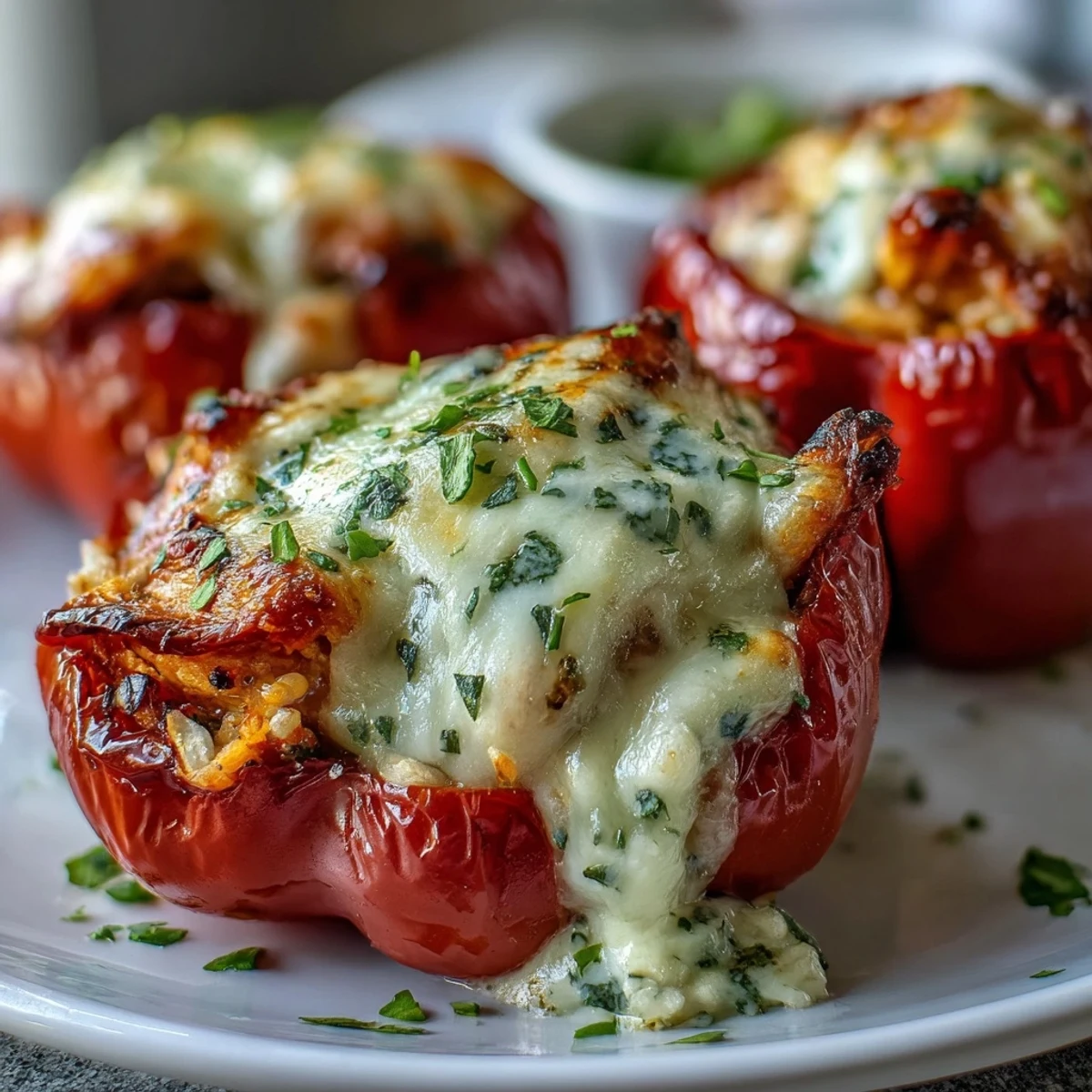 Hearty Garlic Parmesan Chicken Stuffed Peppers with cheesy topping, perfect for a comforting weeknight dinner.