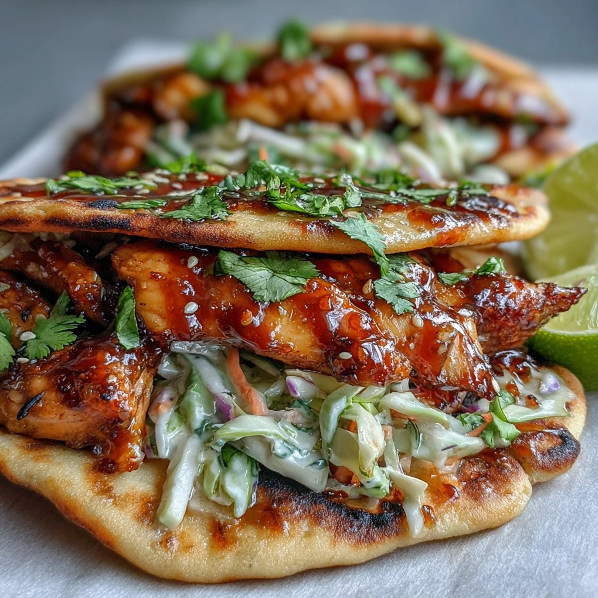 Golden glazed chicken, fresh cilantro, and lime wedges garnish these fusion naan chicken tacos.
