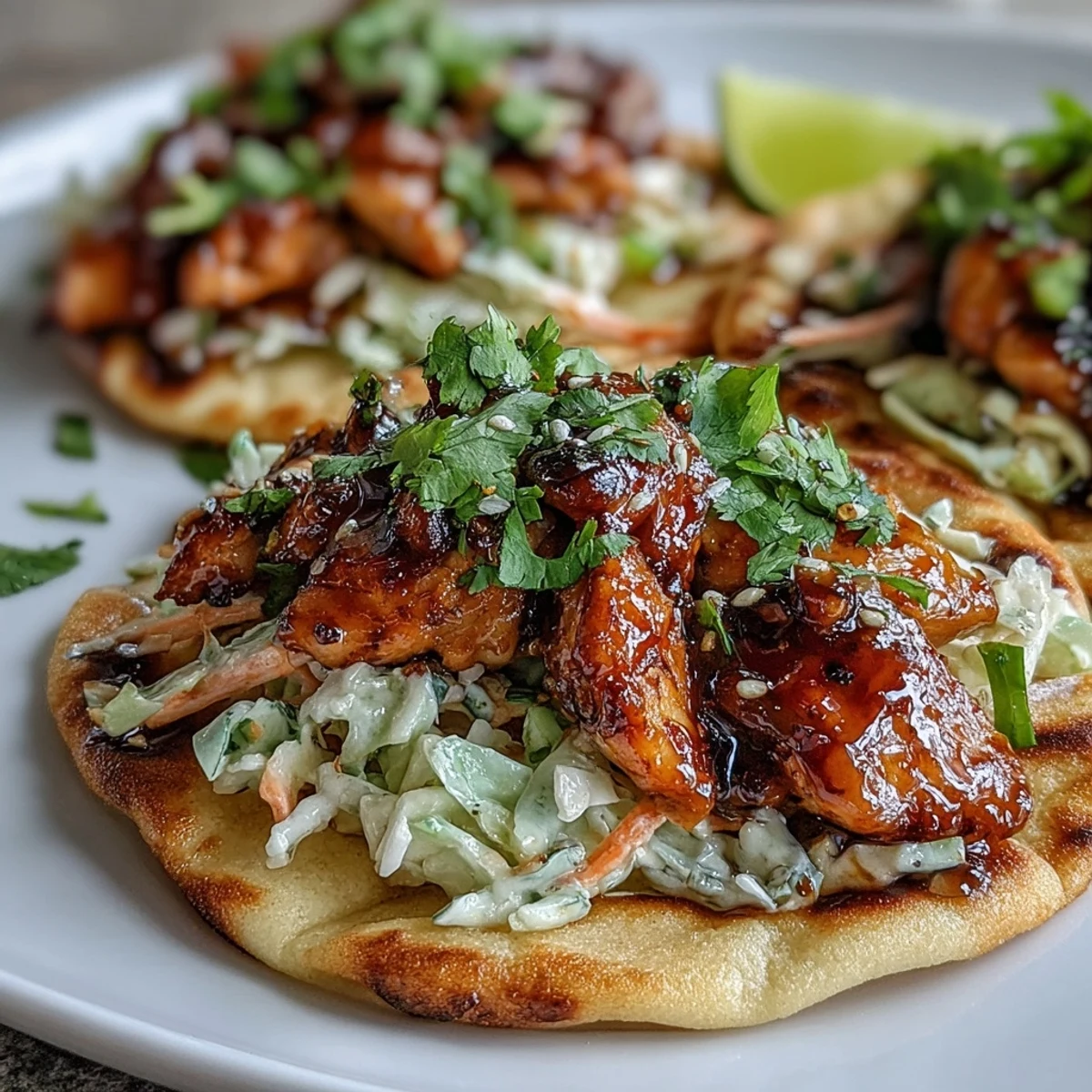 Freshly assembled honey garlic naan chicken tacos served with extra slaw and cilantro garnish.