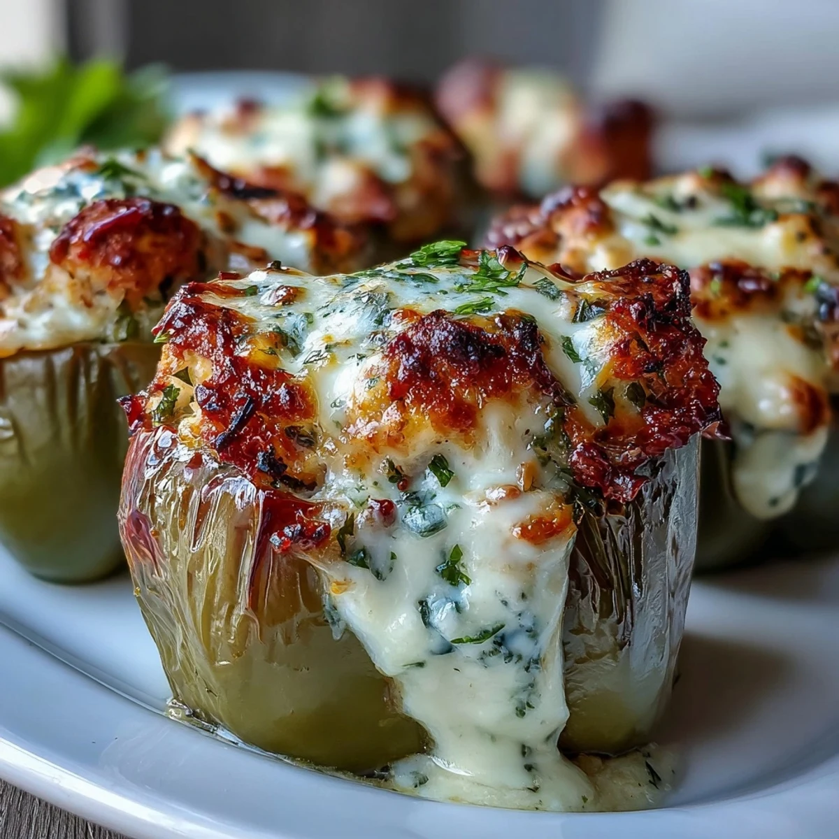 Golden-brown Garlic Parmesan Chicken Stuffed Peppers with melted cheese and fresh parsley garnish.