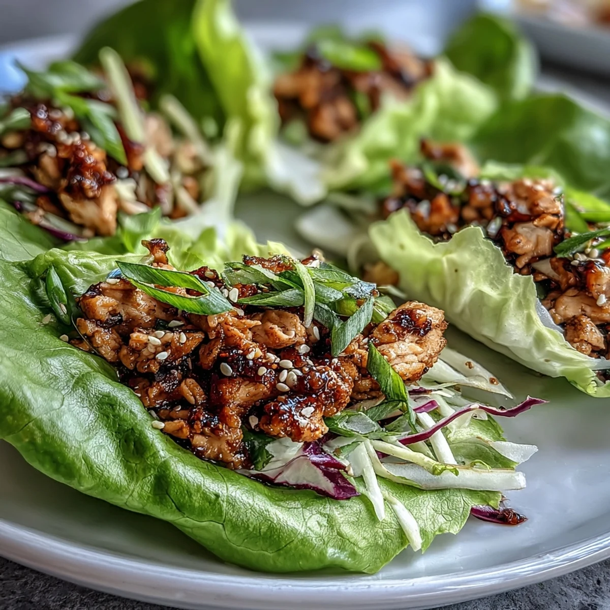 Freshly cooked Potsticker-Inspired Chicken Lettuce Boats filled with savory ginger chicken in crisp butter lettuce cups.
