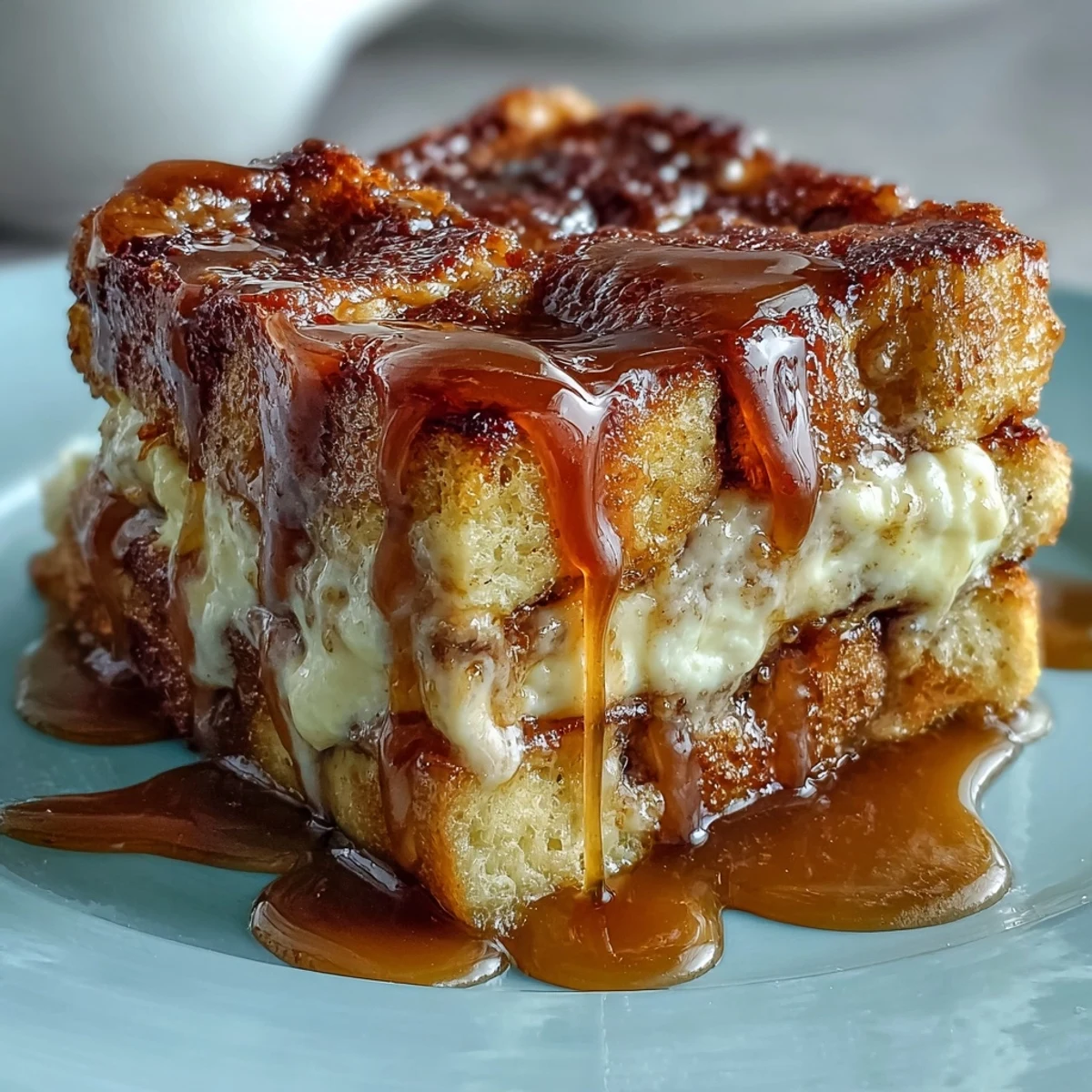 Freshly baked Caramel Cream Cheese French Toast Casserole bubbling with golden brioche and rich caramel drizzle. 