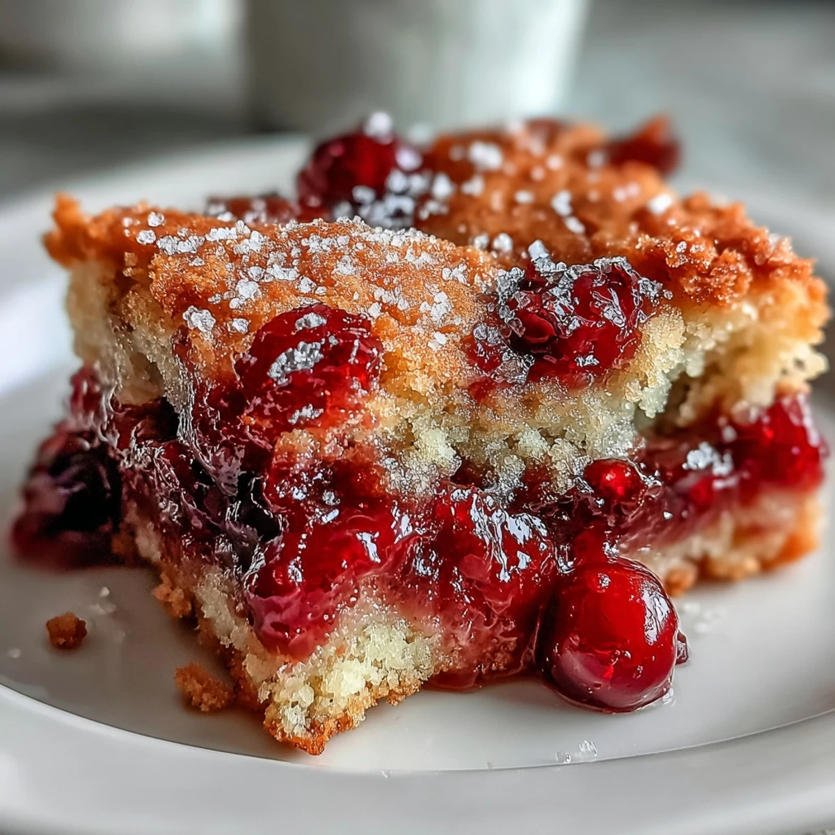 Golden-brown Crispy Cranberry Cobbler sits in a rustic baking dish, revealing bubbling tart cranberry filling beneath a crunchy, buttery topping. 