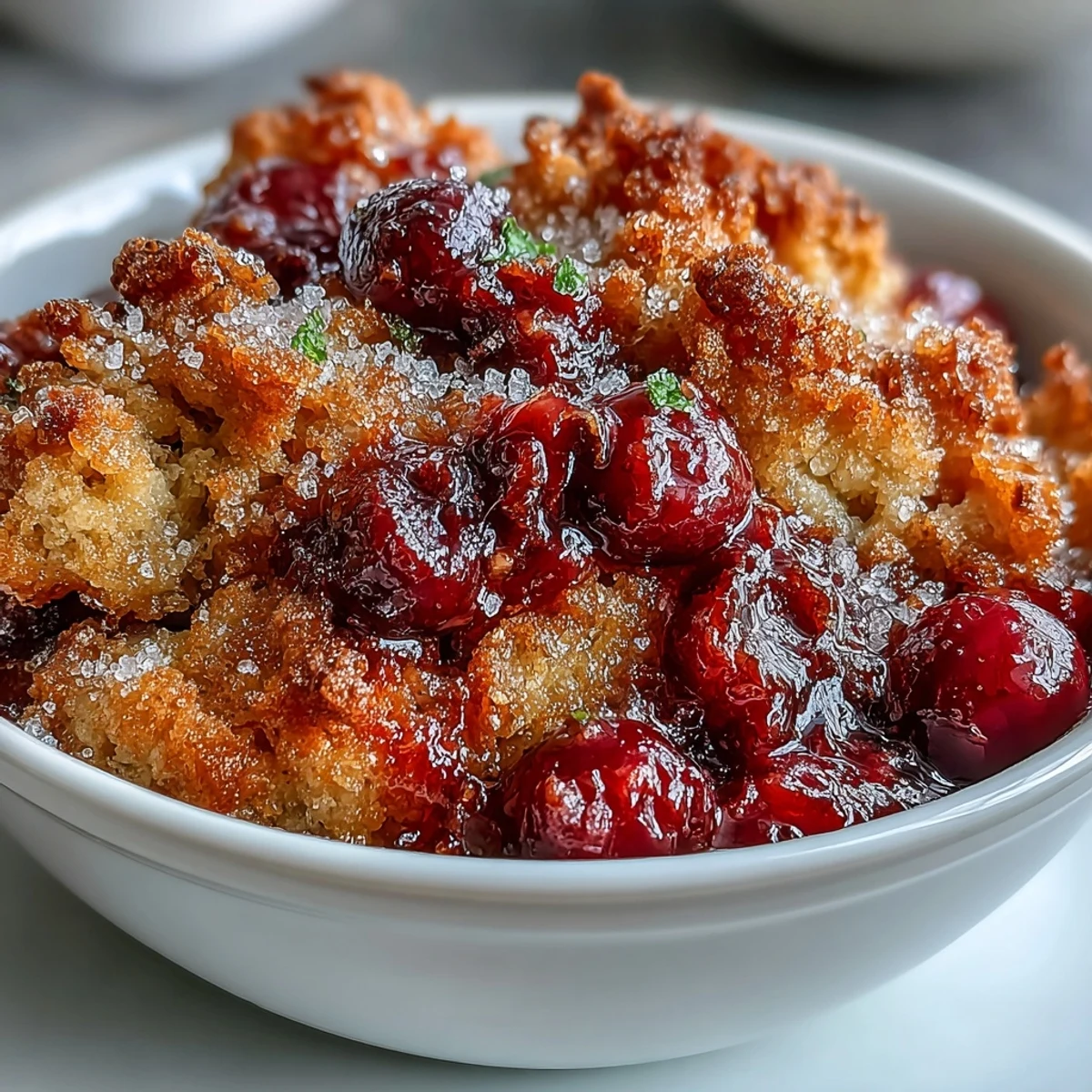 A spoon serves a warm portion of Crispy Cranberry Cobbler topped with melting vanilla ice cream, showing off the golden, crisp texture. 